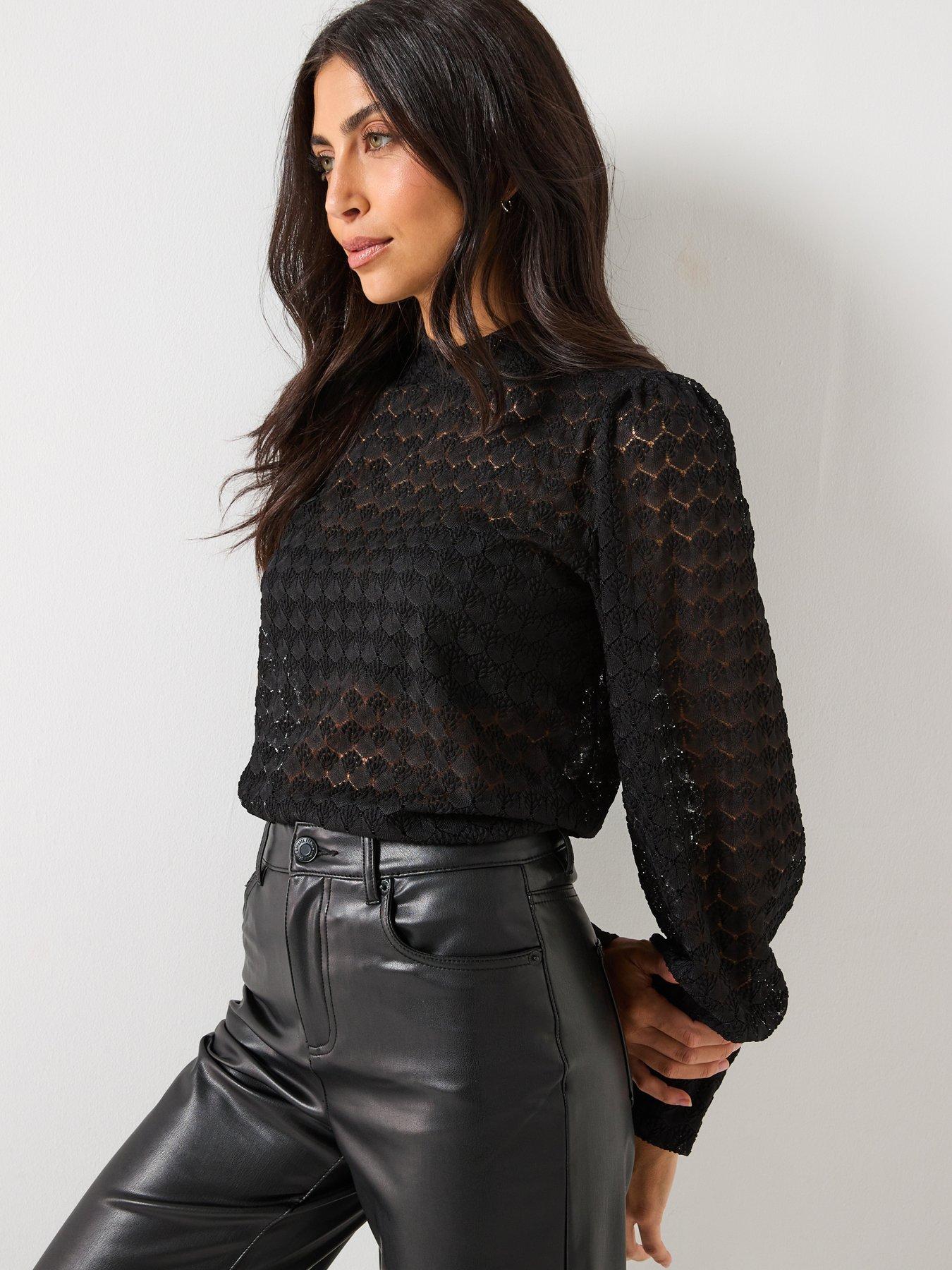 Image 1 of 5 of Vero Moda Becca Long Sleeve High Neck Lace Jersey Top - Black
