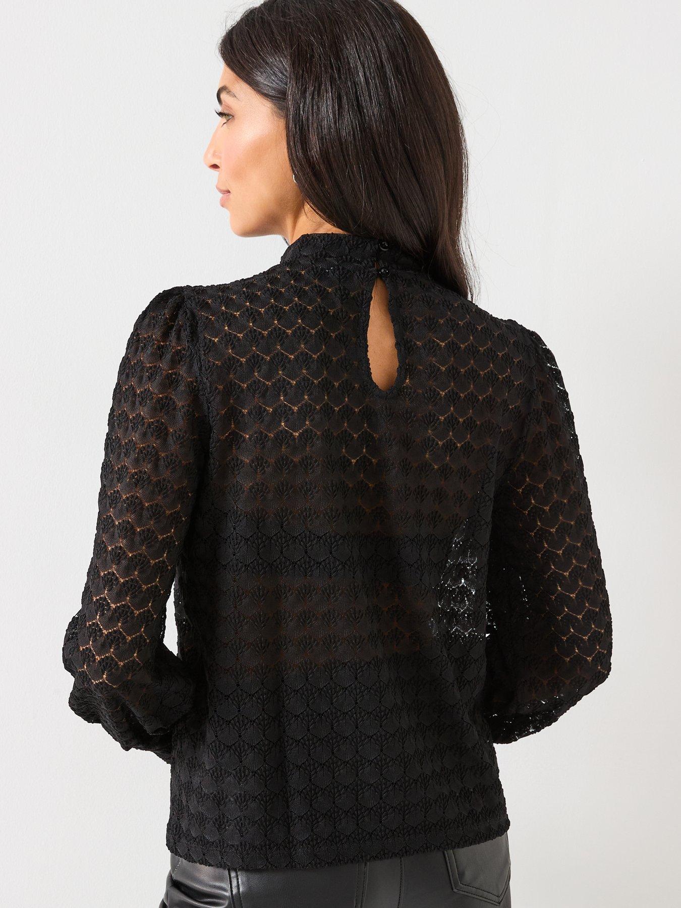 Image 2 of 5 of Vero Moda Becca Long Sleeve High Neck Lace Jersey Top - Black