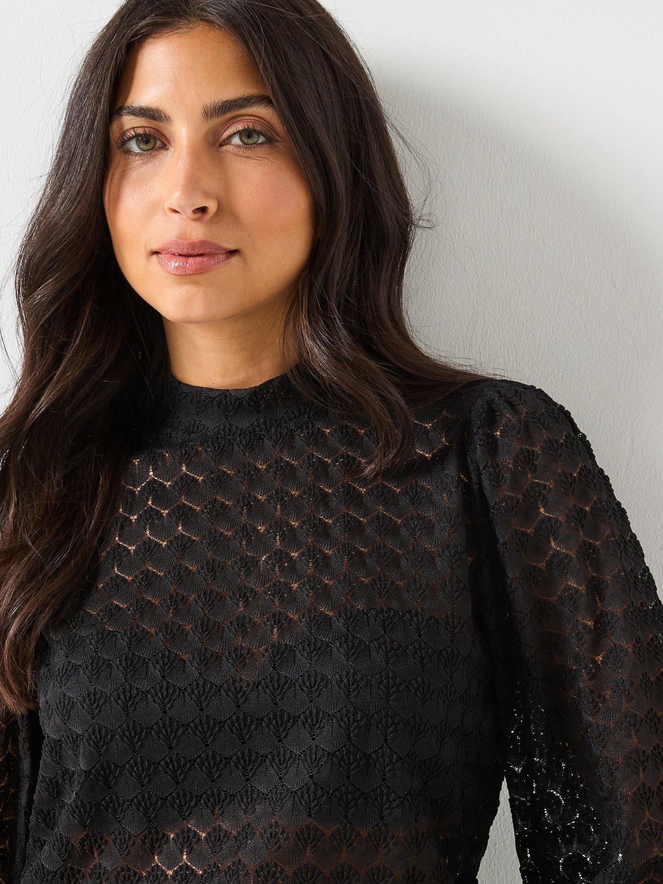 Image 5 of 5 of Vero Moda Becca Long Sleeve High Neck Lace Jersey Top - Black