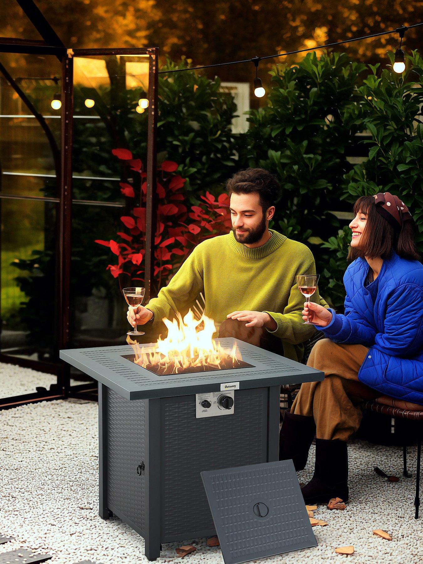 undefined Square Propane Gas Fire Pit Table, 40000 BTU Rattan Smokeless Firepit Patio Heater with Lava Rocks and Lid, 71cm x 71cm x 62cm, Dark Grey