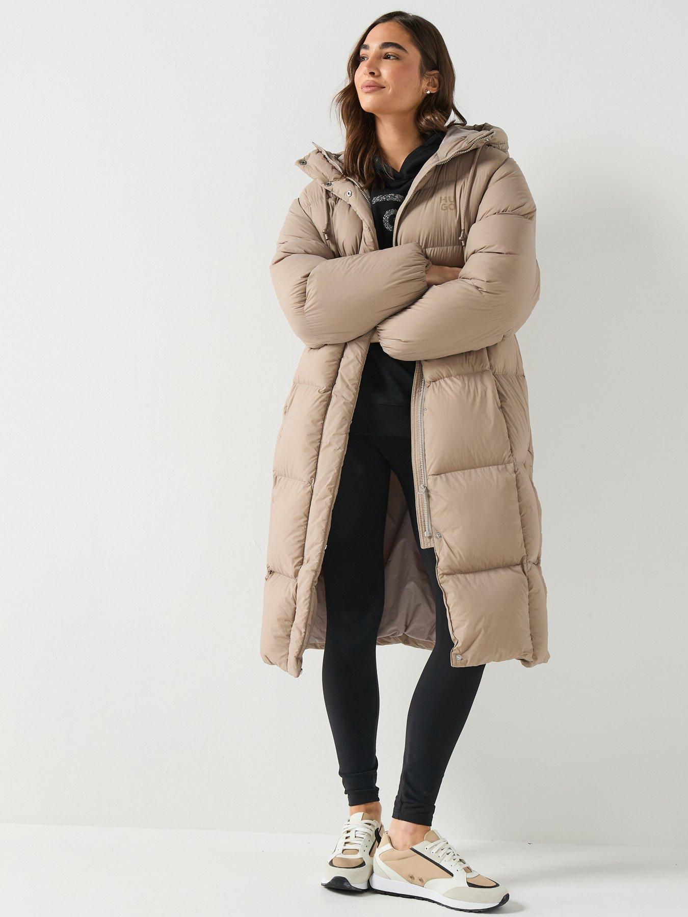HUGO Long Hooded Puffer Coat - Light Beige