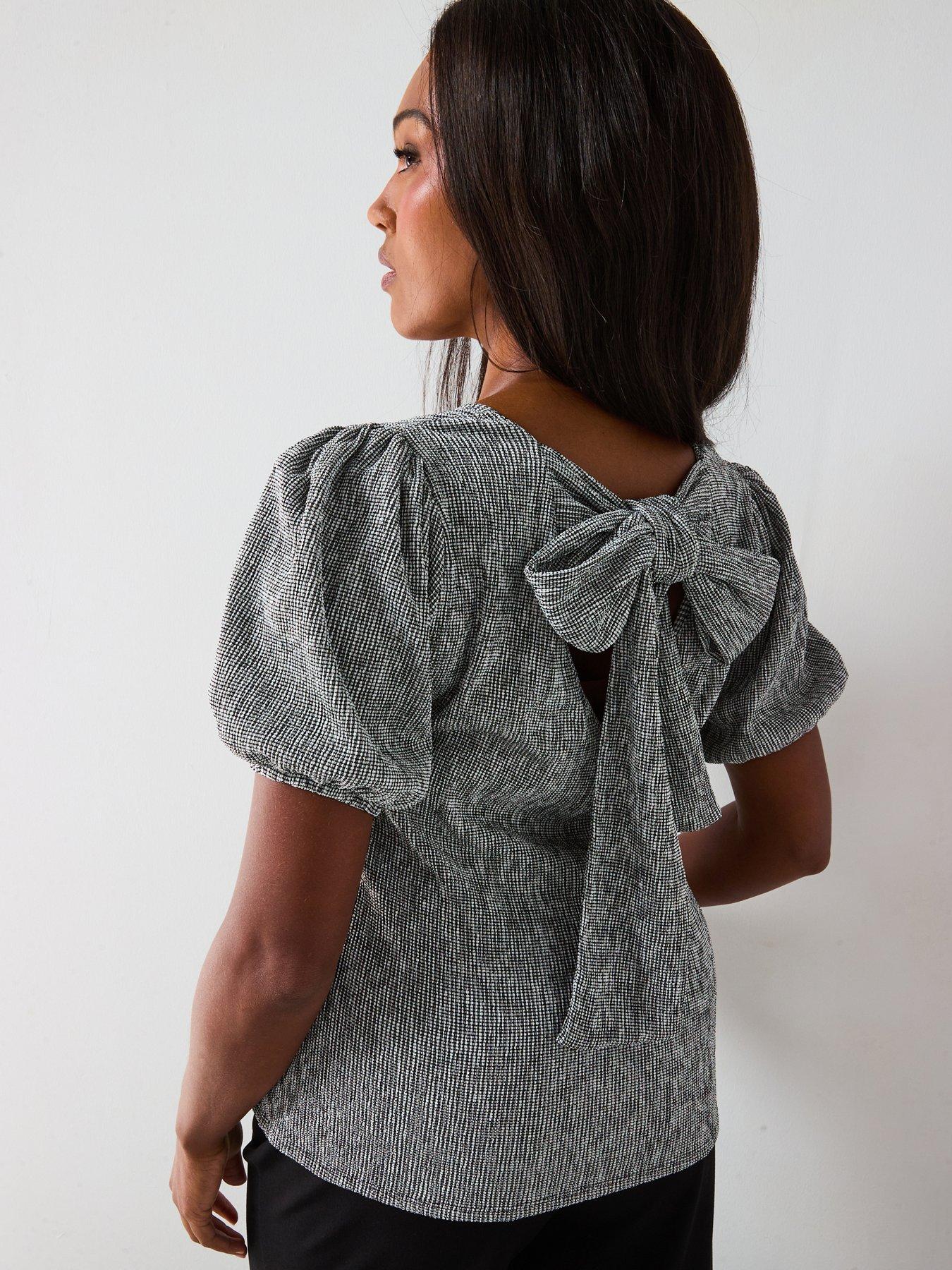 Image 1 of 6 of V by Very Curve Gingham Crinkle Bow Back Top - Multi