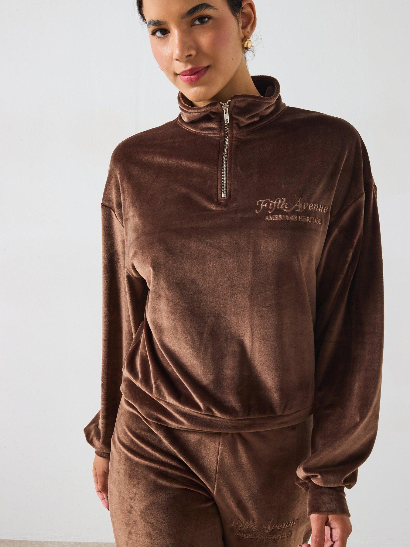 v-by-very-velour-12-zip-sweatshirt-co-ord-browndetail