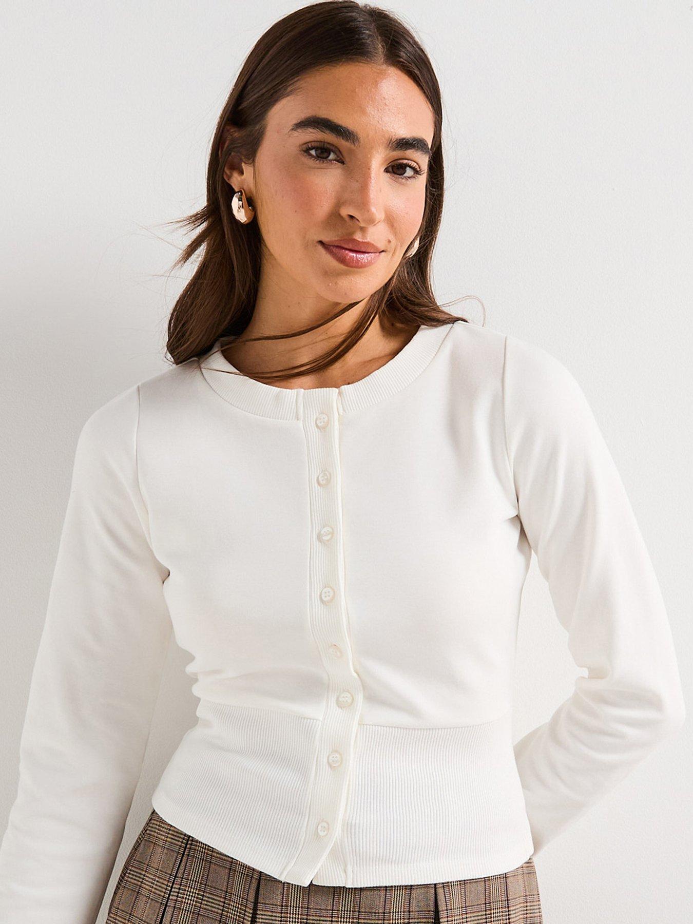 V by Very Button Up Deep Waistband Sweatshirt Co-Ord - Cream