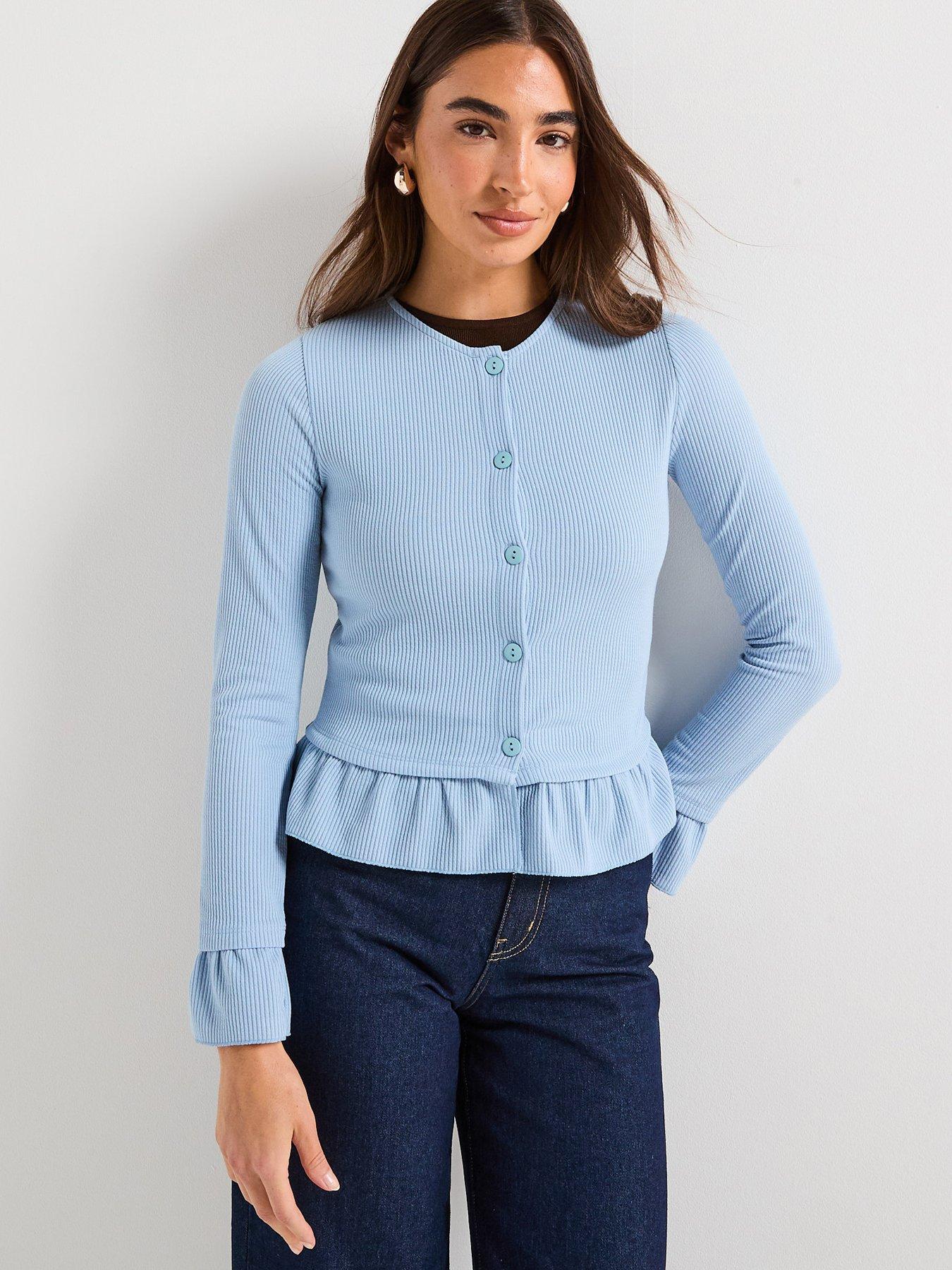 V by Very Button Up Frill Detail Frill Cardigan - Blue