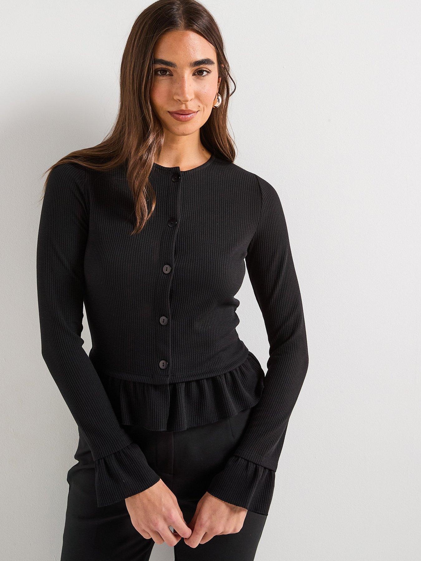 V by Very Button Up Frill Detail Frill Cardigan - Black