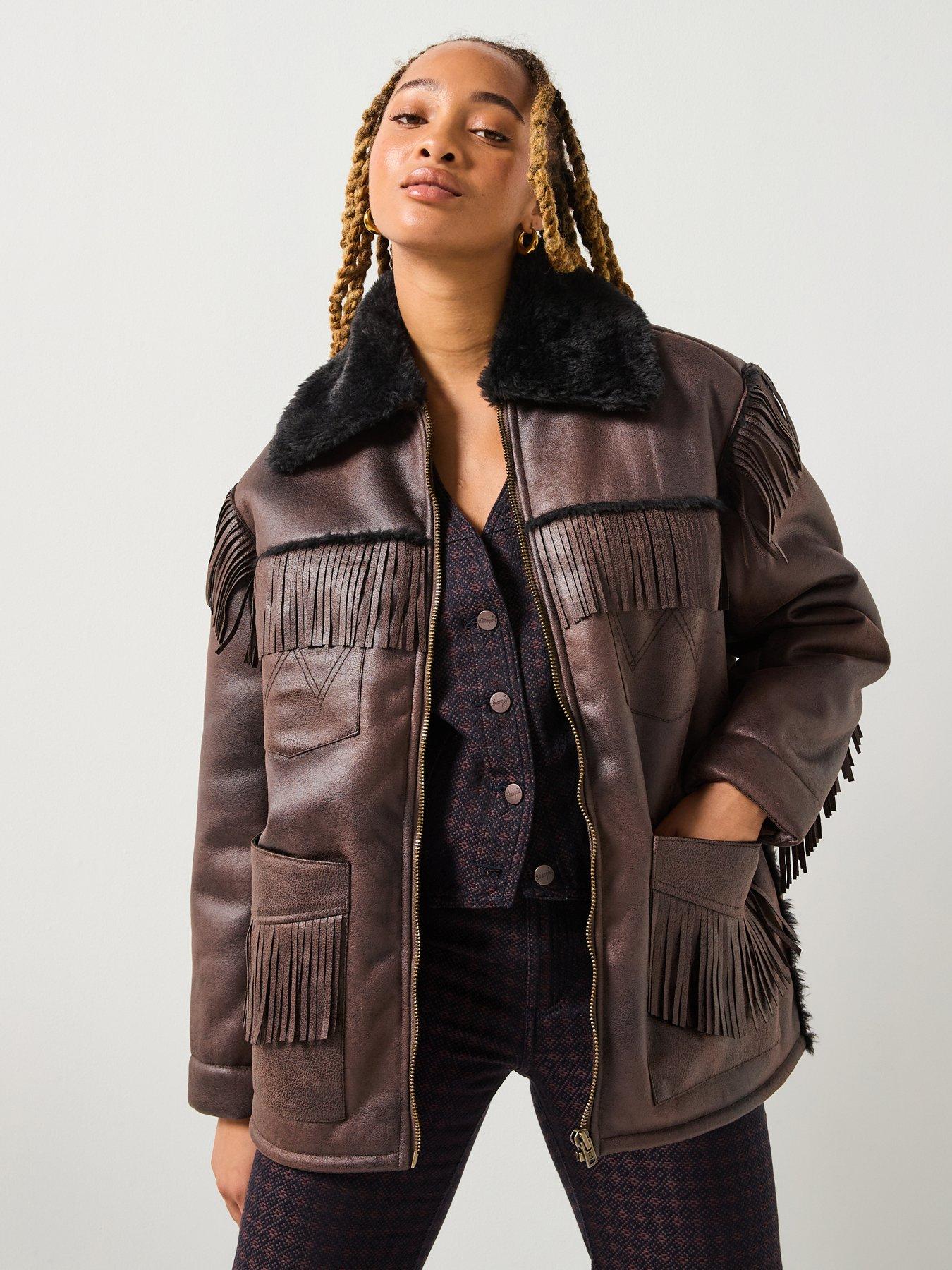 Wrangler Fringe Wrange Jacket Brown Leather - Black | Very Ireland