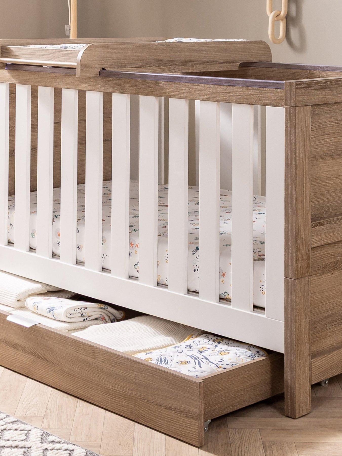 Tutti Bambini Modena White  &  Oak Cot Bed with Drawer, Cot Top Changer and Mattress