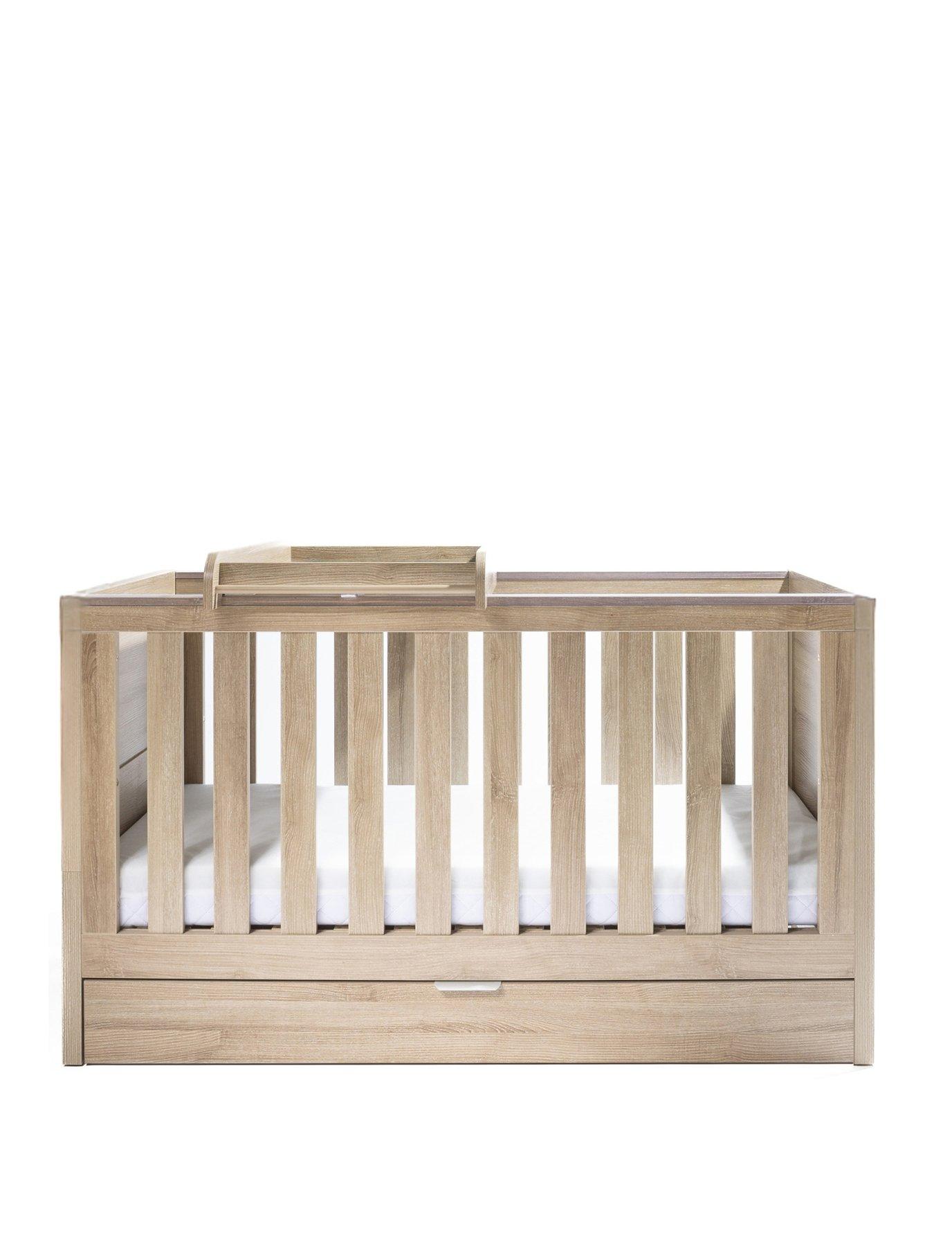 tutti-bambini-modena-oak-cot-bed-with-drawer-cot-top-changer-and-mattressstillFront