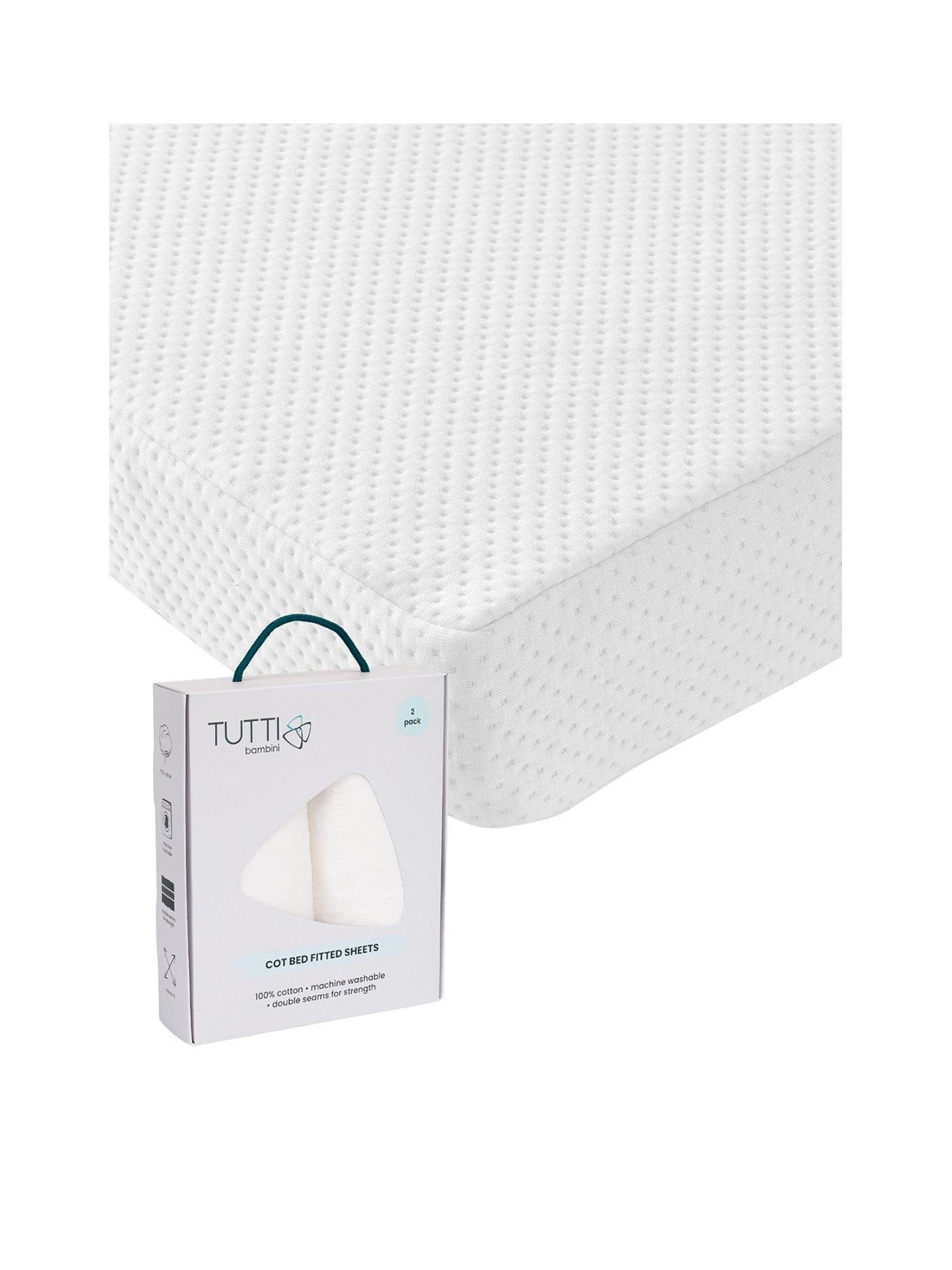 Tutti Bambini Natural Coir Cot Bed Mattress (140 x 70cm) with FREE 2 Pack Essential White Fitted Sheets