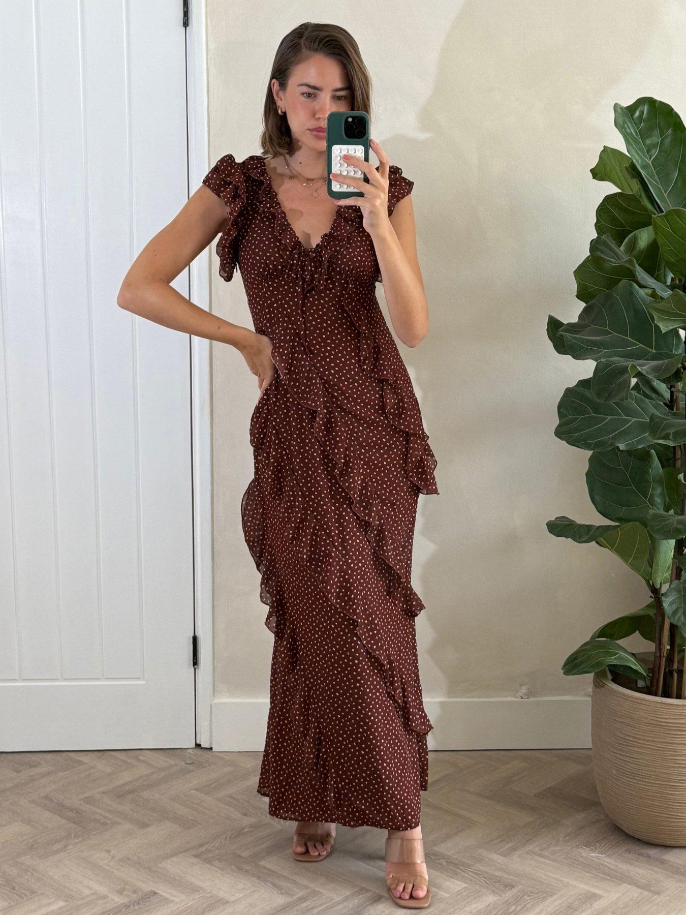 Style Cheat Chocolate Spot Ruffle Maxi Dress - Brown