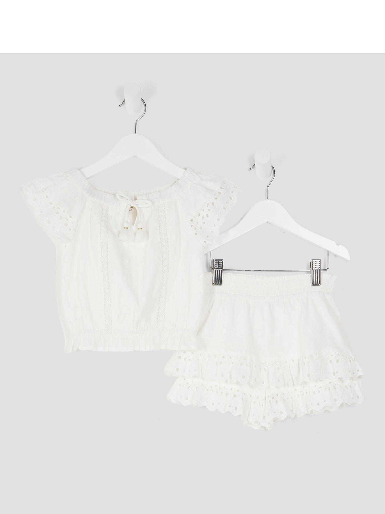 River Island Mini Girls Broderie Tassel Top Set - White