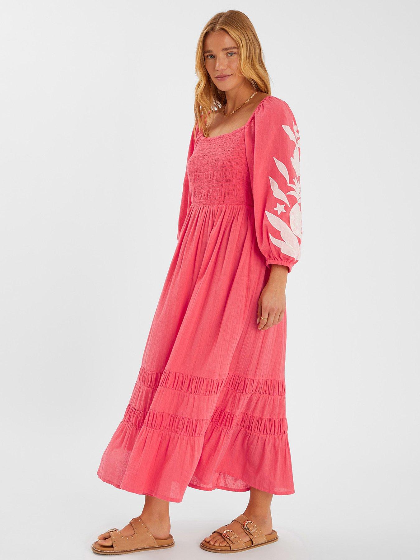 Image 1 of 4 of Accessorize Pineapple Applique Smocked Maxi Dress - Coral