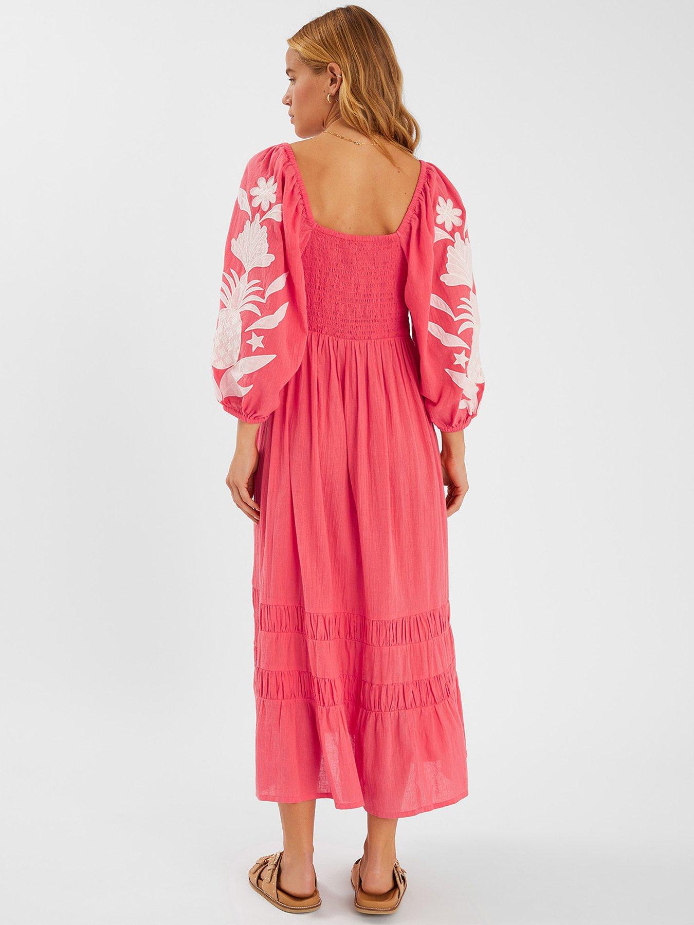 Image 2 of 4 of Accessorize Pineapple Applique Smocked Maxi Dress - Coral