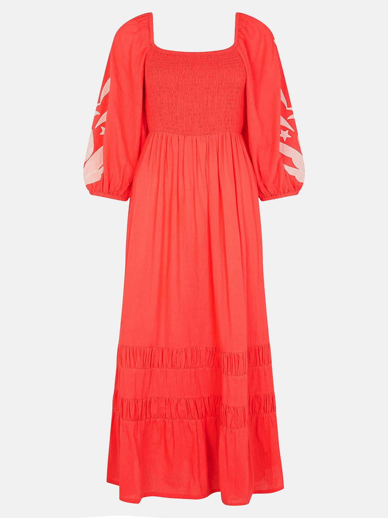 Image 3 of 4 of Accessorize Pineapple Applique Smocked Maxi Dress - Coral
