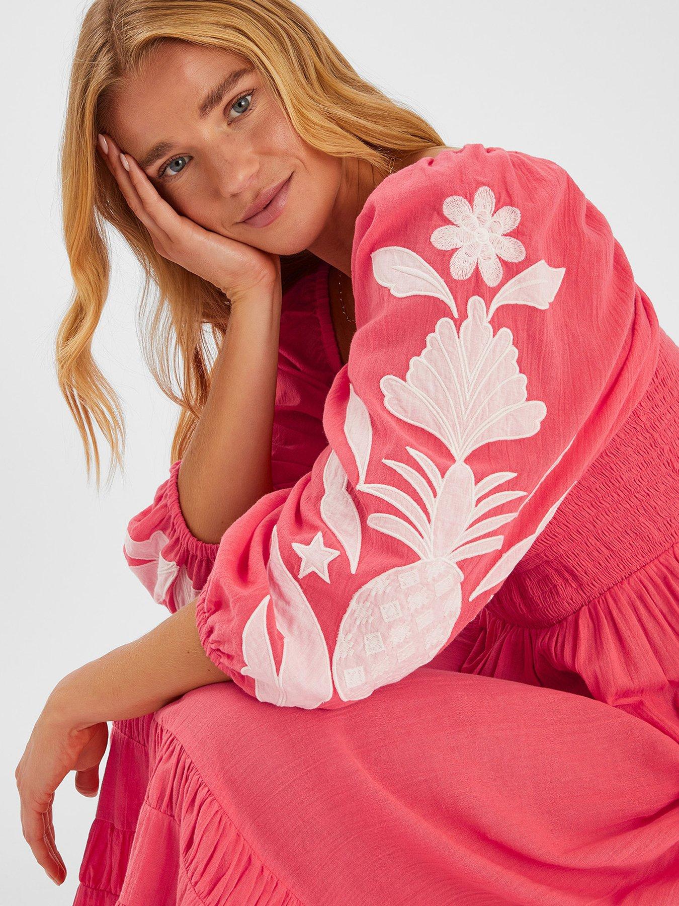 Image 4 of 4 of Accessorize Pineapple Applique Smocked Maxi Dress - Coral