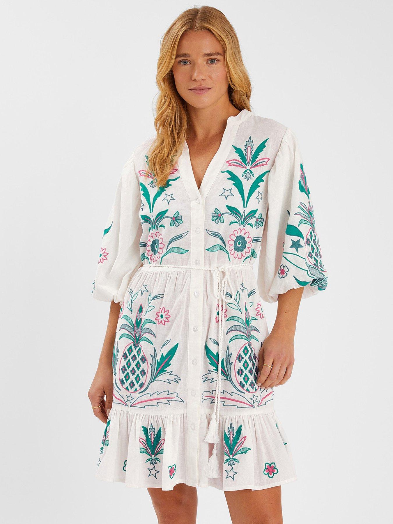 Image 1 of 4 of Accessorize Pineapple Embroidered Mini Dress - White