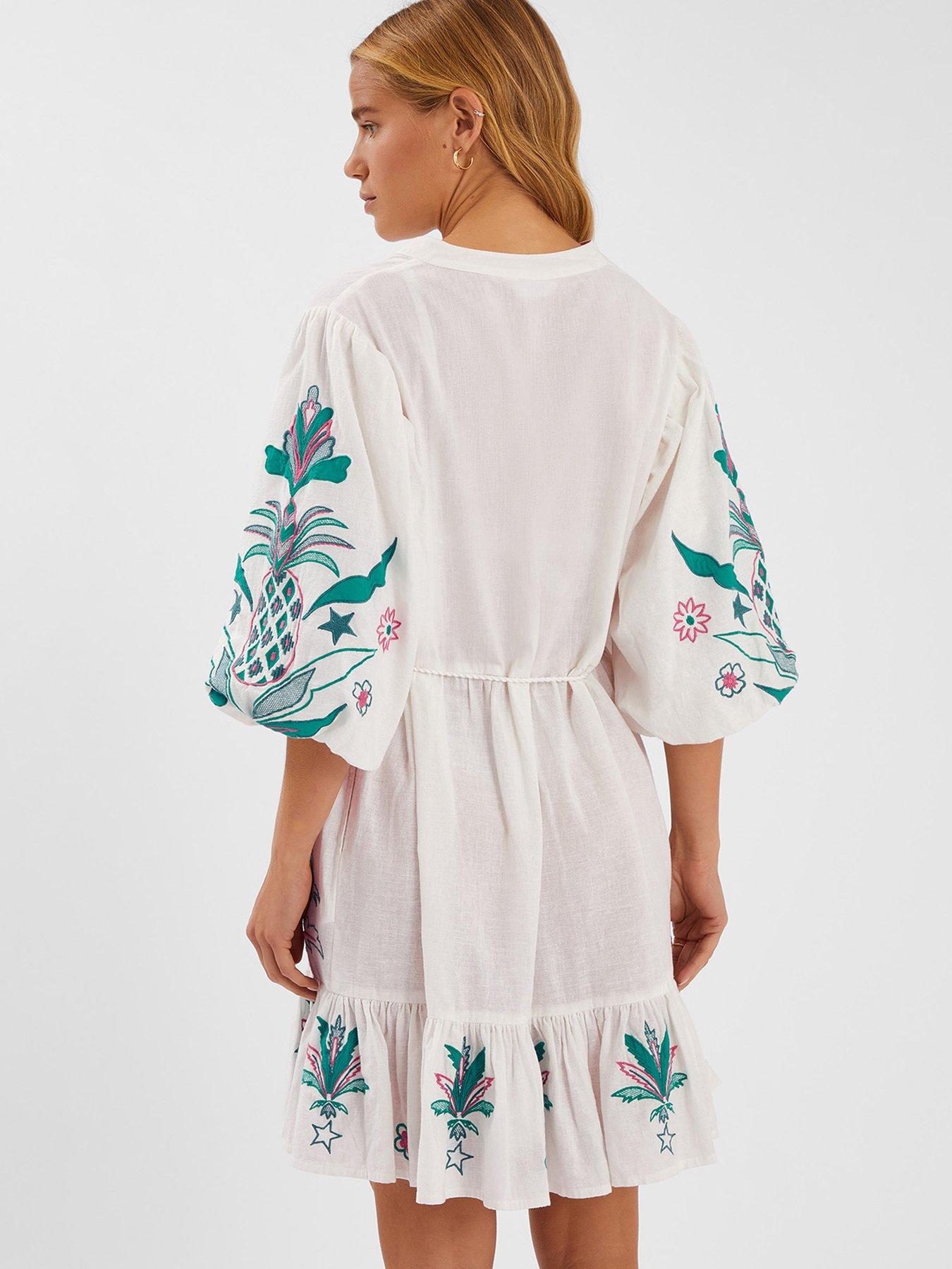 Image 2 of 4 of Accessorize Pineapple Embroidered Mini Dress - White