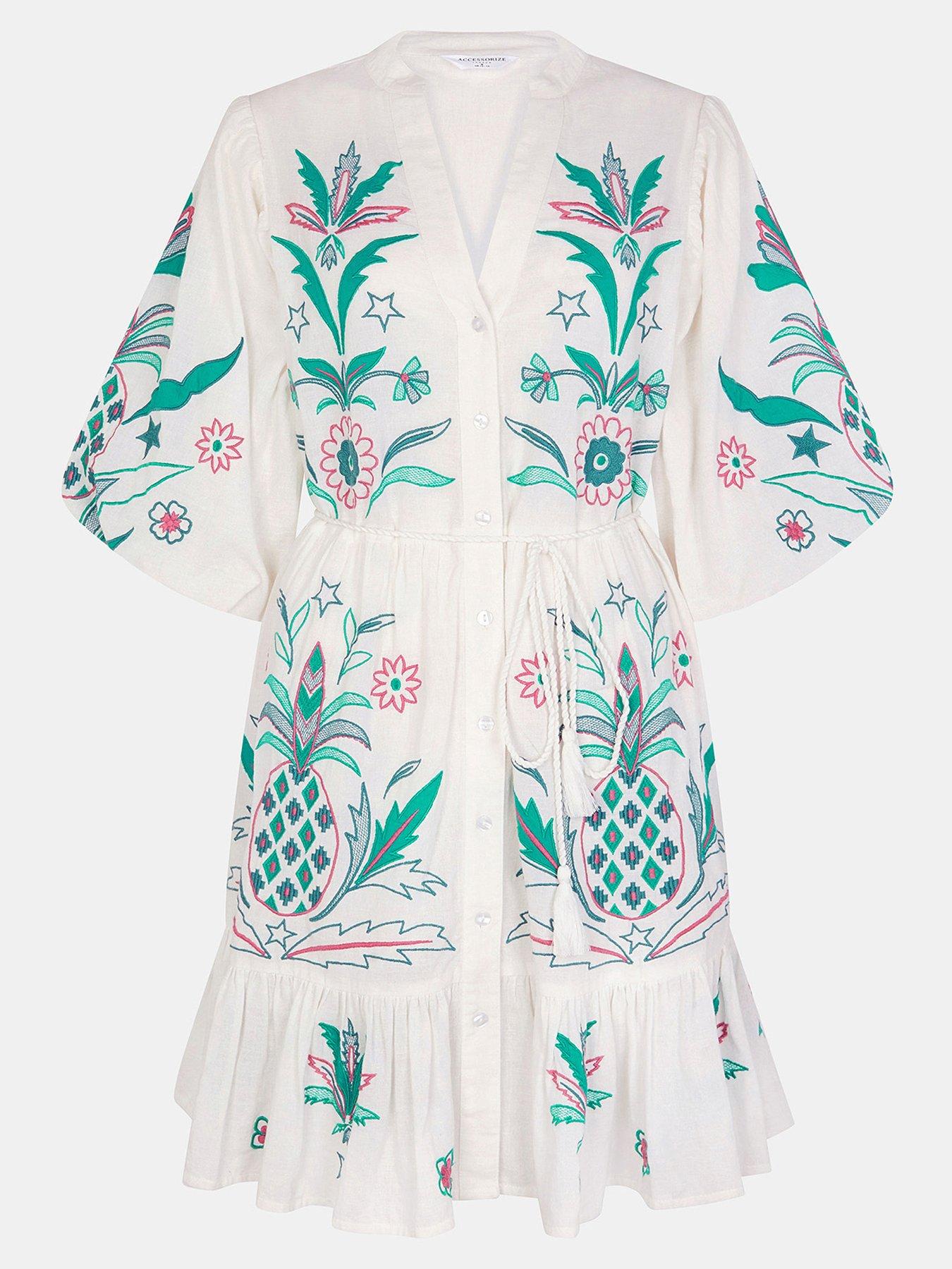 Image 3 of 4 of Accessorize Pineapple Embroidered Mini Dress - White