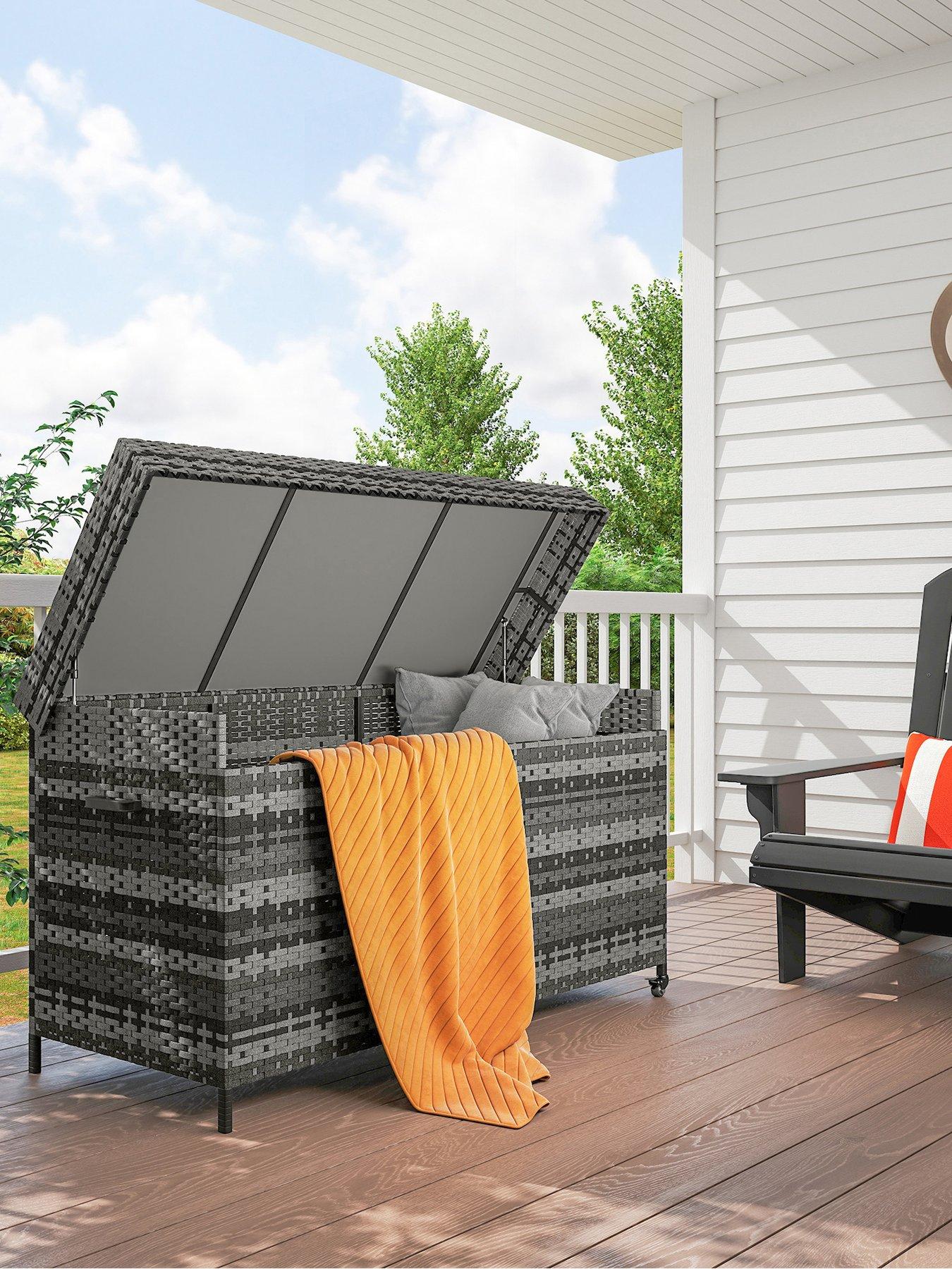 Image of OutSunny 627 L Rattan Garden Storage Box with Gas Lift Lid and Wheels, Grey