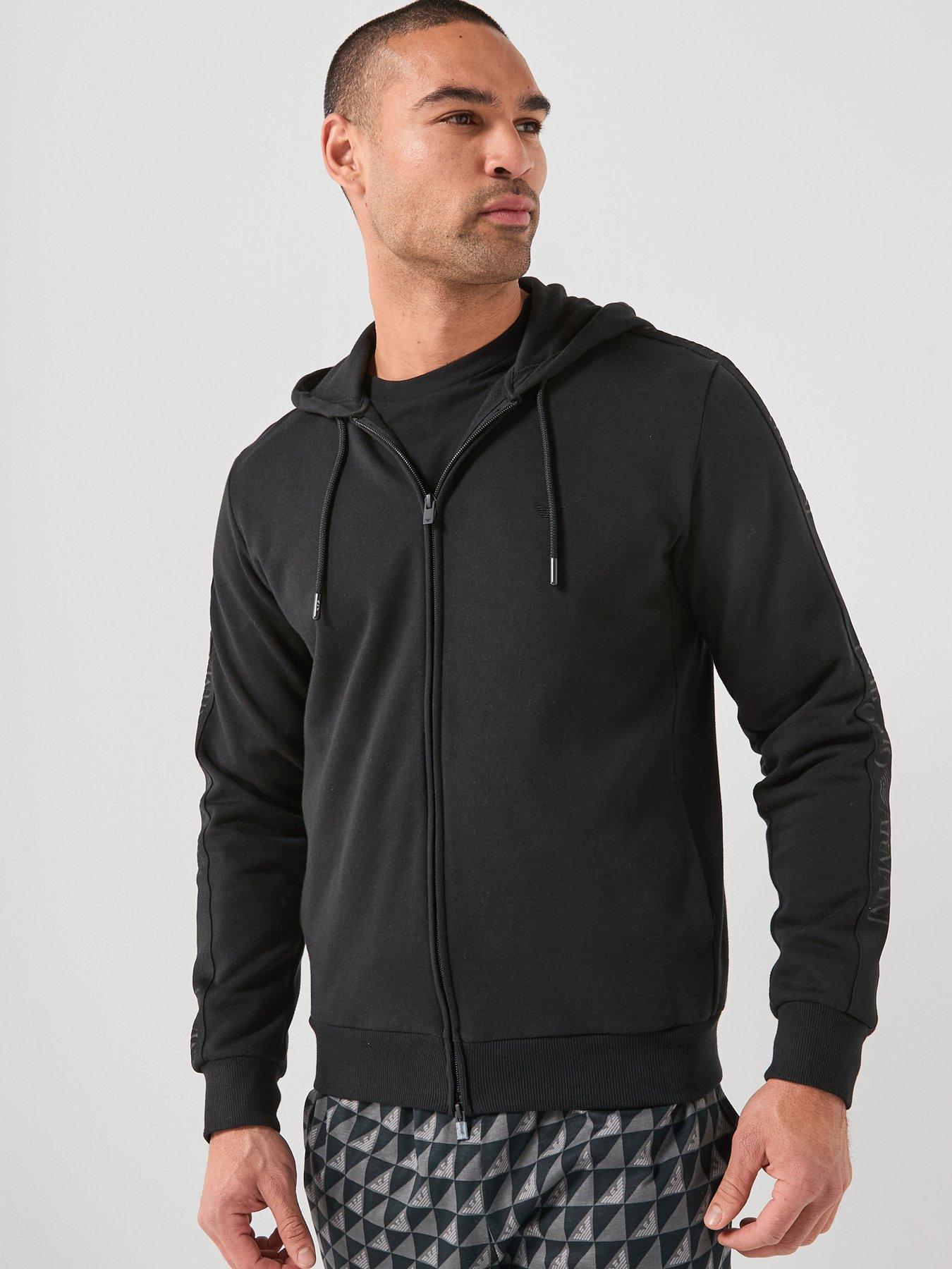 Emporio Armani Bodywear Basic Terry Tape Zip Through Hooded Lounge Top - Black