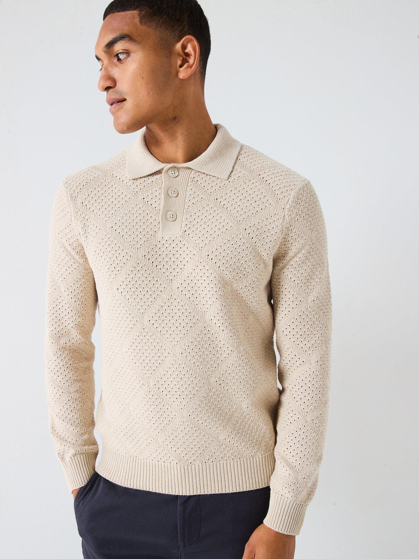 Image 1 of 4 of ONLY & SONS Map Long Sleeve Chevron Knitted Polo - Beige