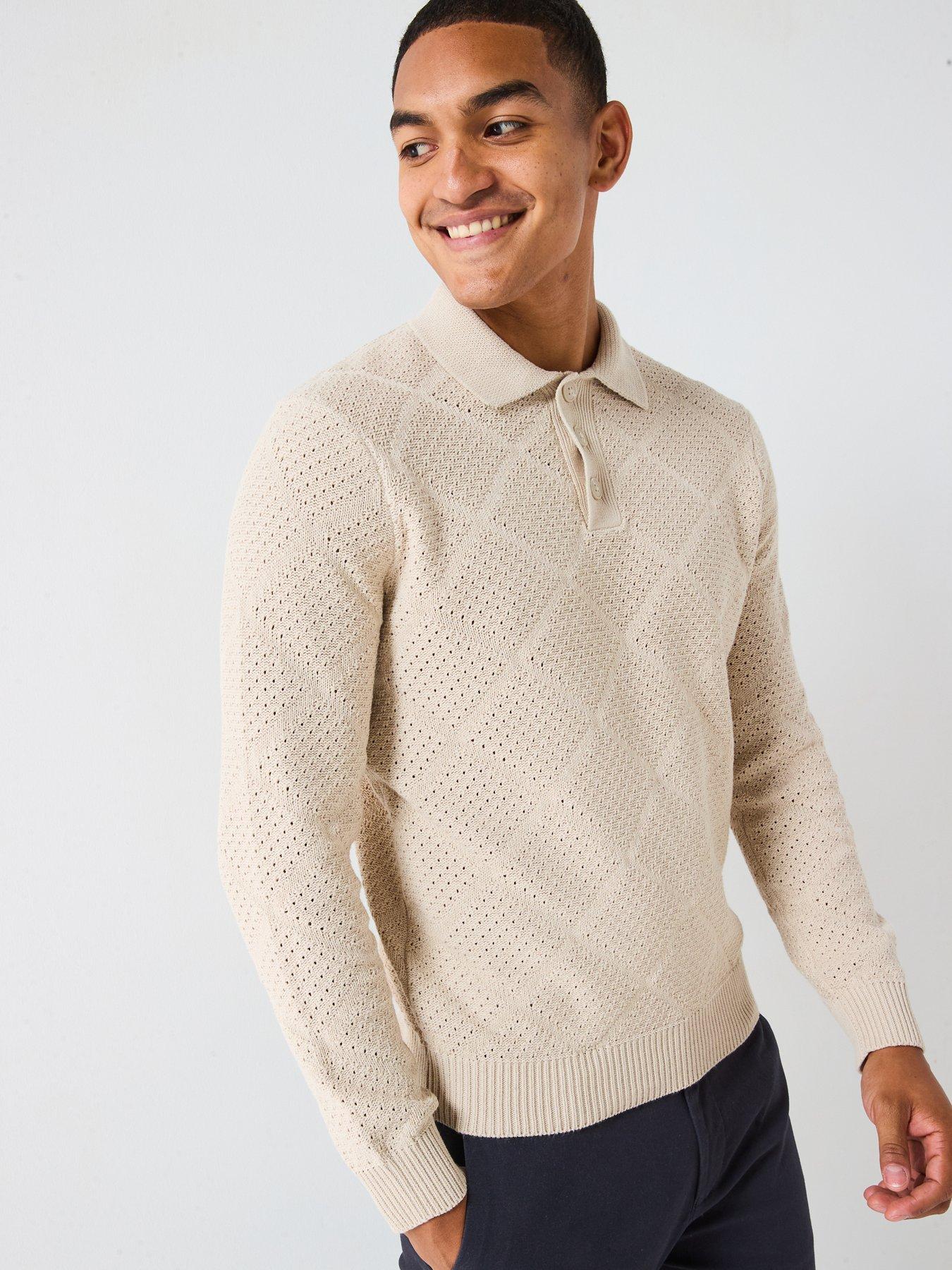 Image 4 of 4 of ONLY & SONS Map Long Sleeve Chevron Knitted Polo - Beige