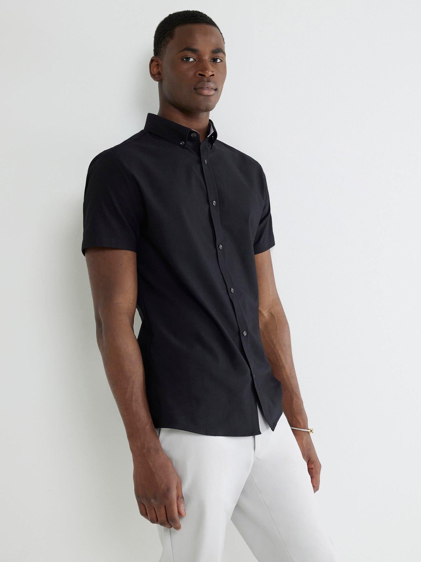 River Island Short Sleeve Textured Muscle Fit Shirt - Black