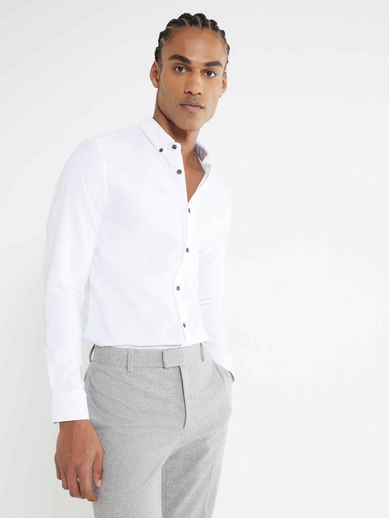 Image 1 of 4 of River Island Long Sleeve Textured Muscle Fit Shirt - White
