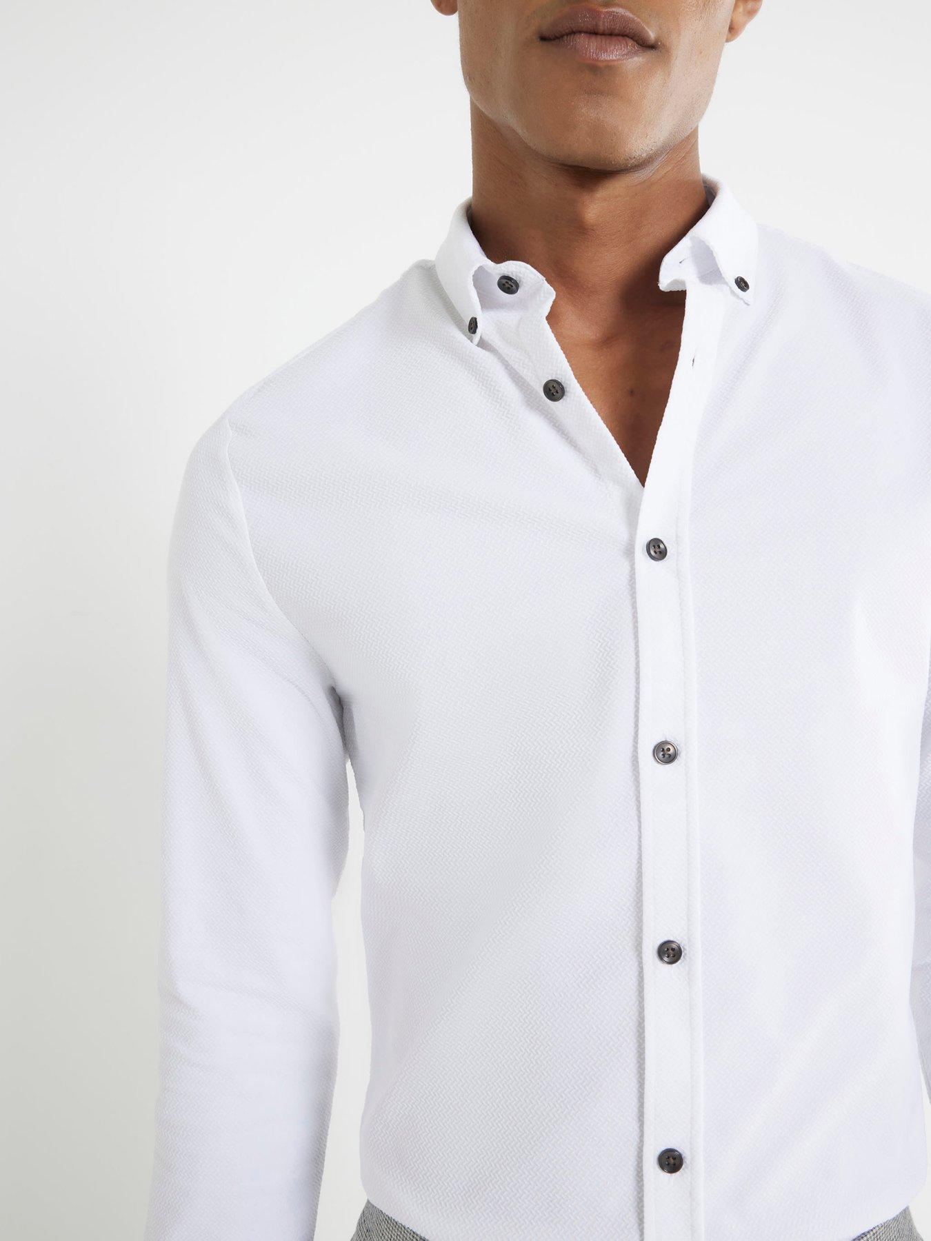 Image 2 of 4 of River Island Long Sleeve Textured Muscle Fit Shirt - White
