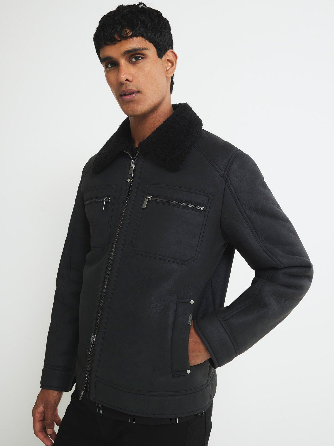 River Island Nubuck Shearling Western Style Jacket - Black