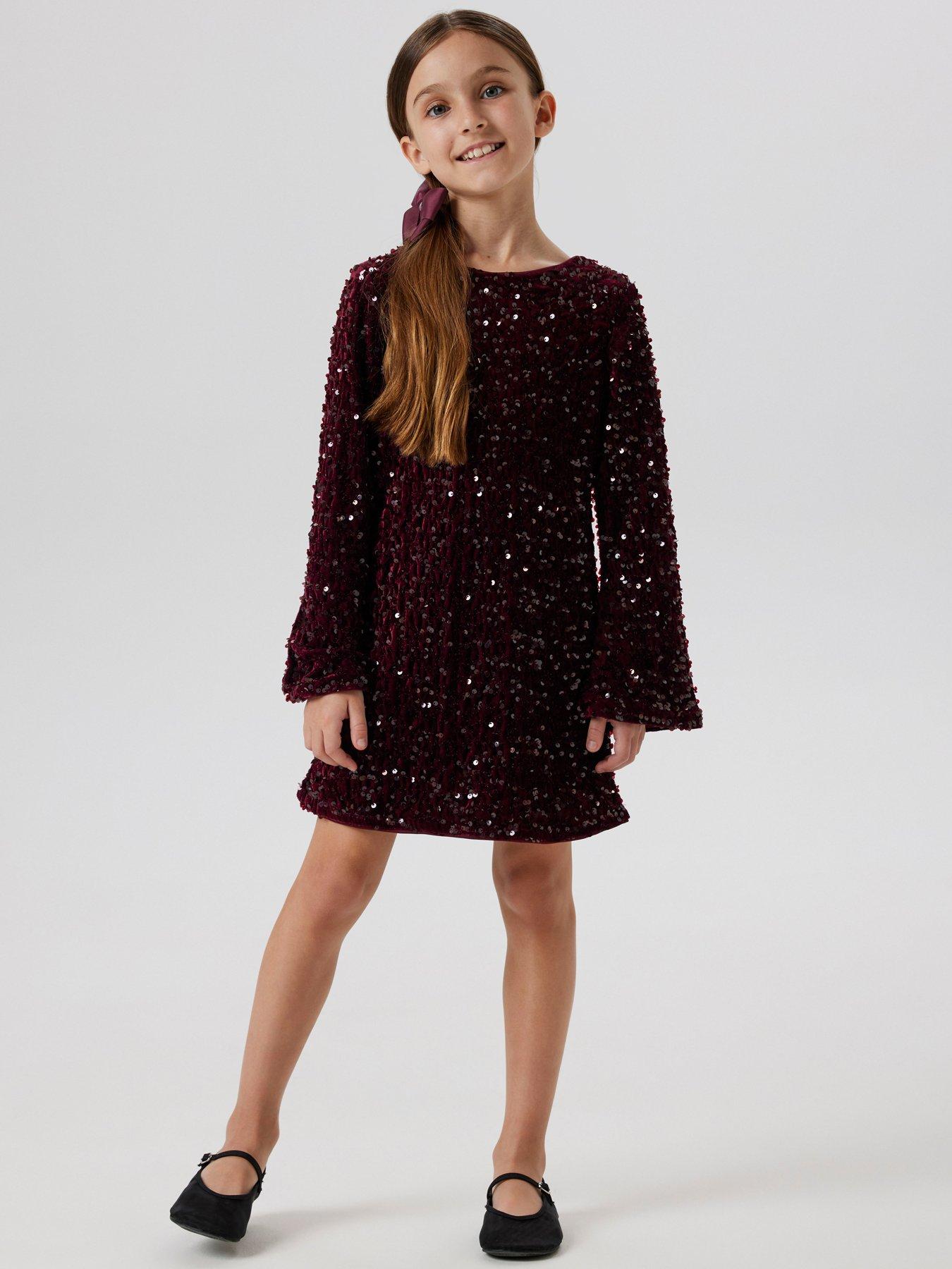 Name It Girls Long Sleeve Bow Back Sequin Dress - Dark Red