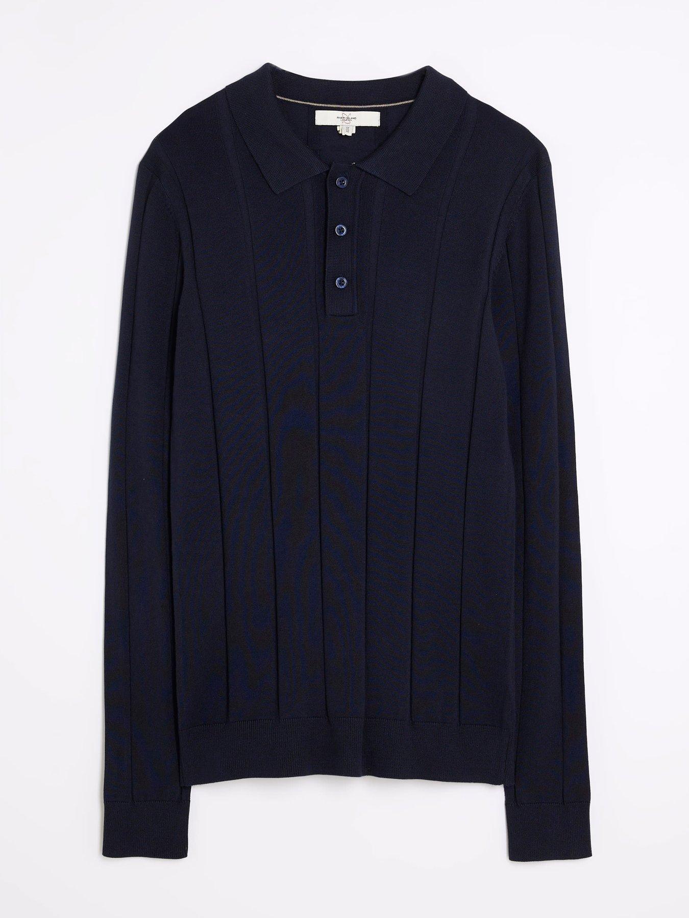 River Island Long Sleeve Ribbed Muscle Fit Knitted Polo Shirt - Navy