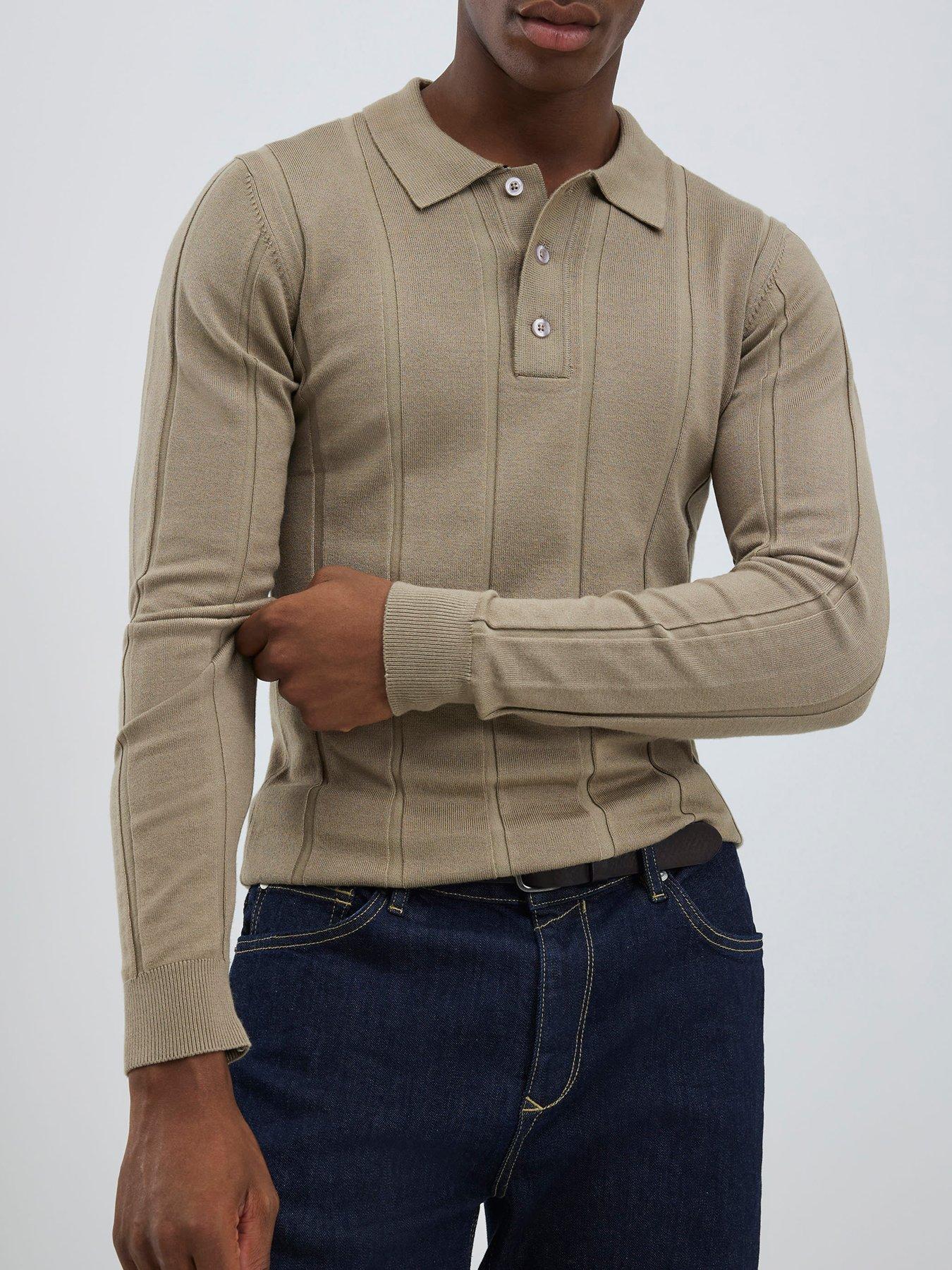 river-island-long-sleeve-ribbed-muscle-fit-knitted-polo-shirt-beige