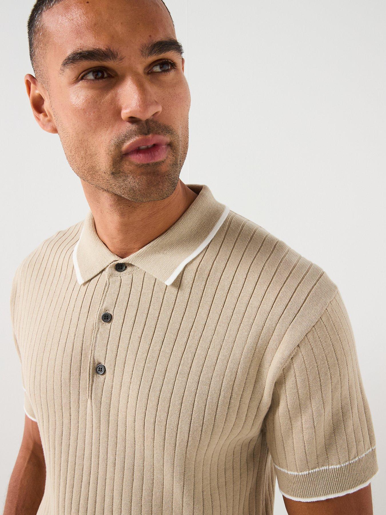 river-island-short-sleeve-rib-knitted-polo-shirt-beigeoutfit