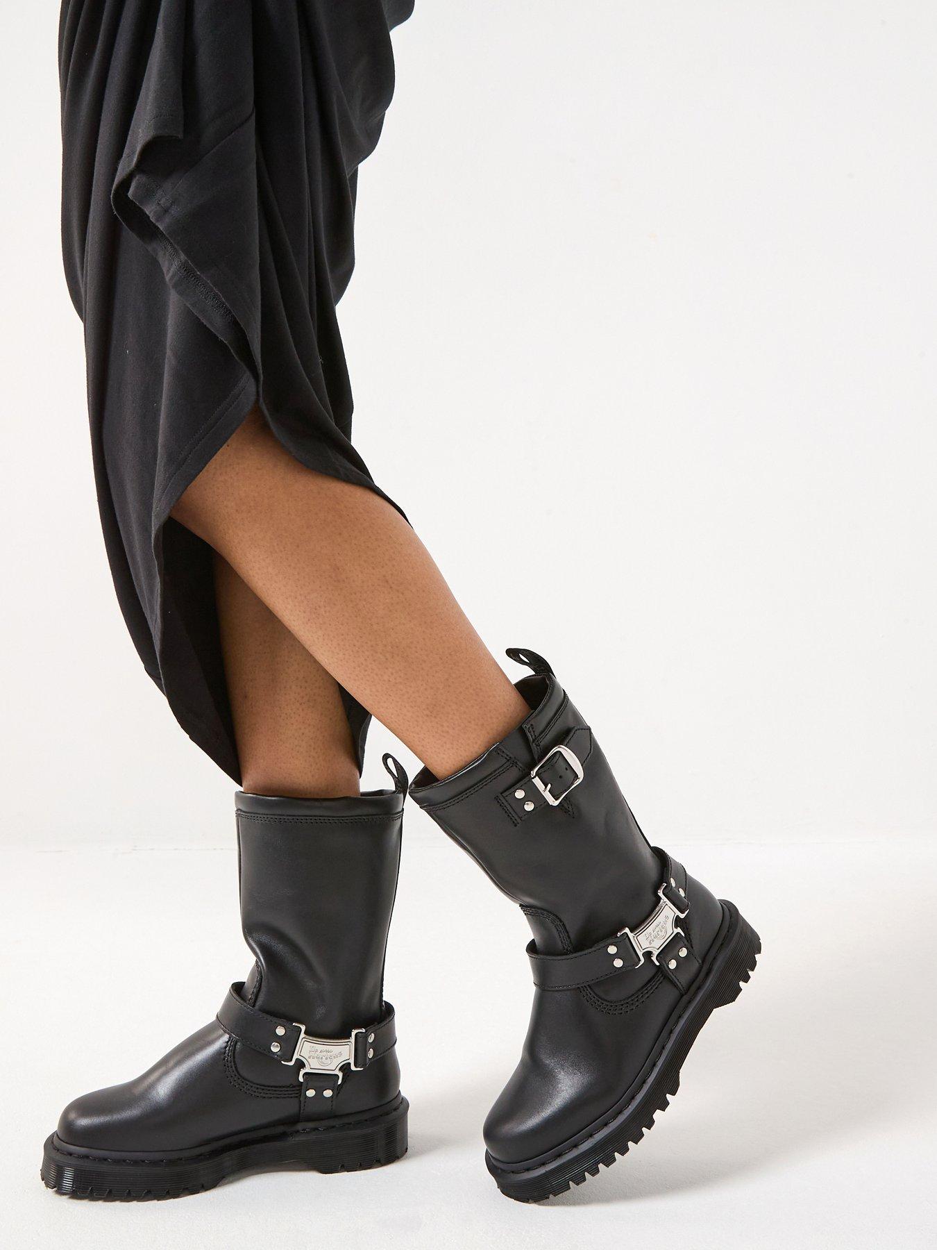 Image 1 of 7 of Dr Martens Anistone Tall Pull On Leather Biker Boots - Black