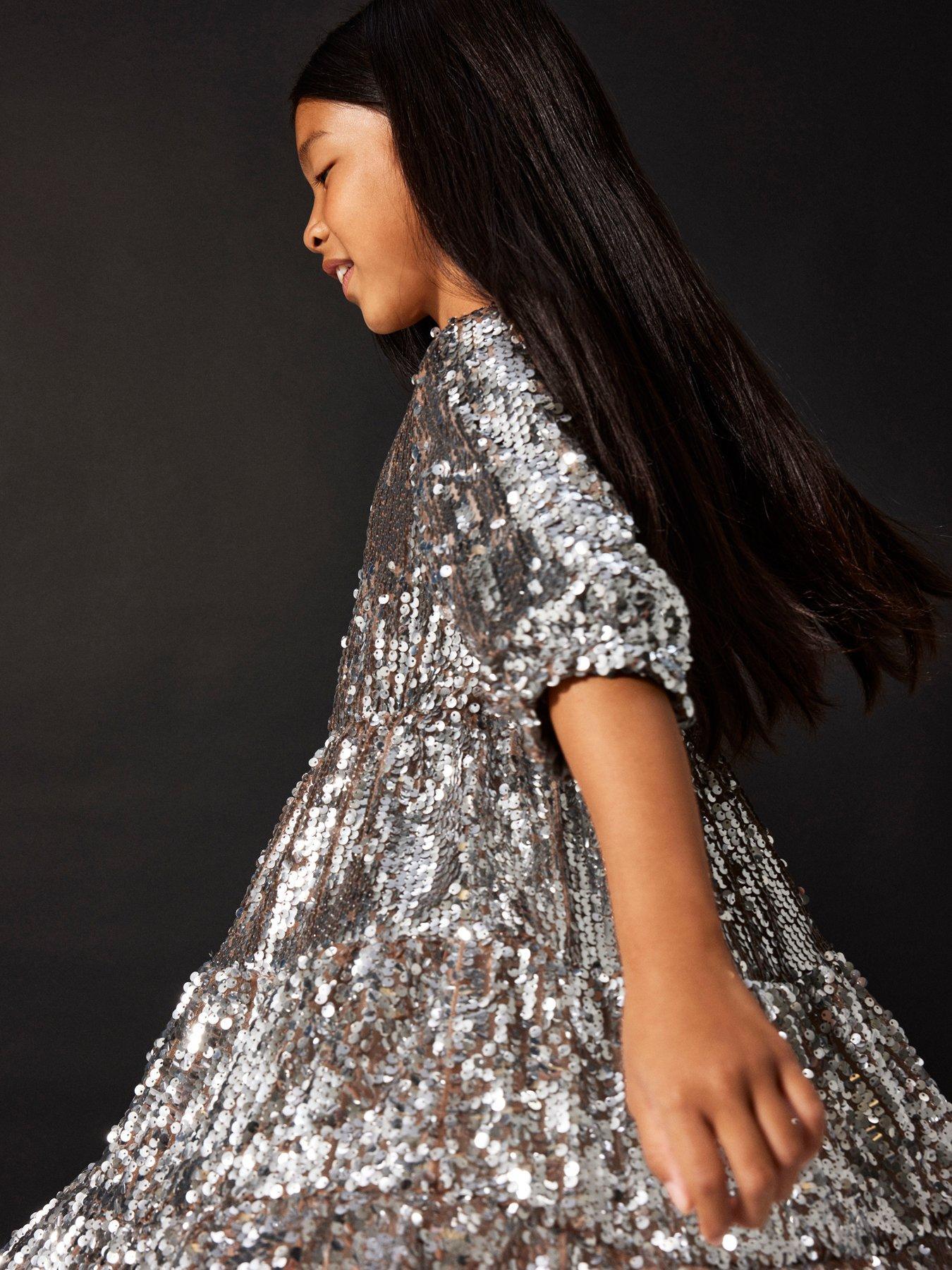 Flower Girl Girls Silver Sparkly Dress Name It Girls Sequin 3/4 Sleeve Dress  Silver Very Ireland