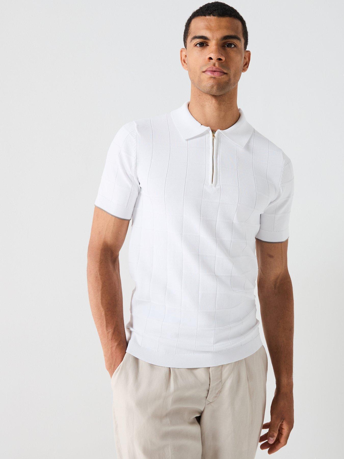 River Island Short Sleeve Textured Muscle Fit Knitted Polo Shirt - White