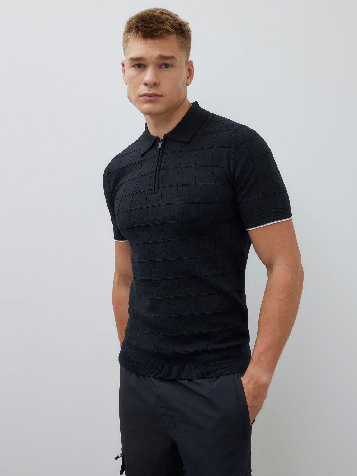 River Island Short Sleeve Textured Muscle Fit Knitted Polo Shirt - Black