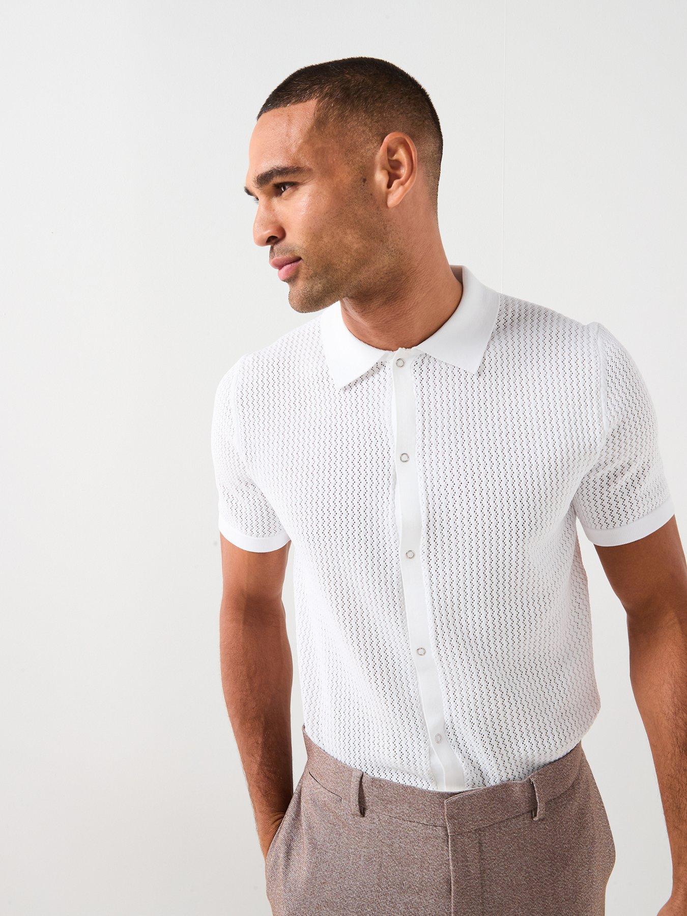 River Island Short Sleeve Muscle Fit Textured Knit Shirt - White