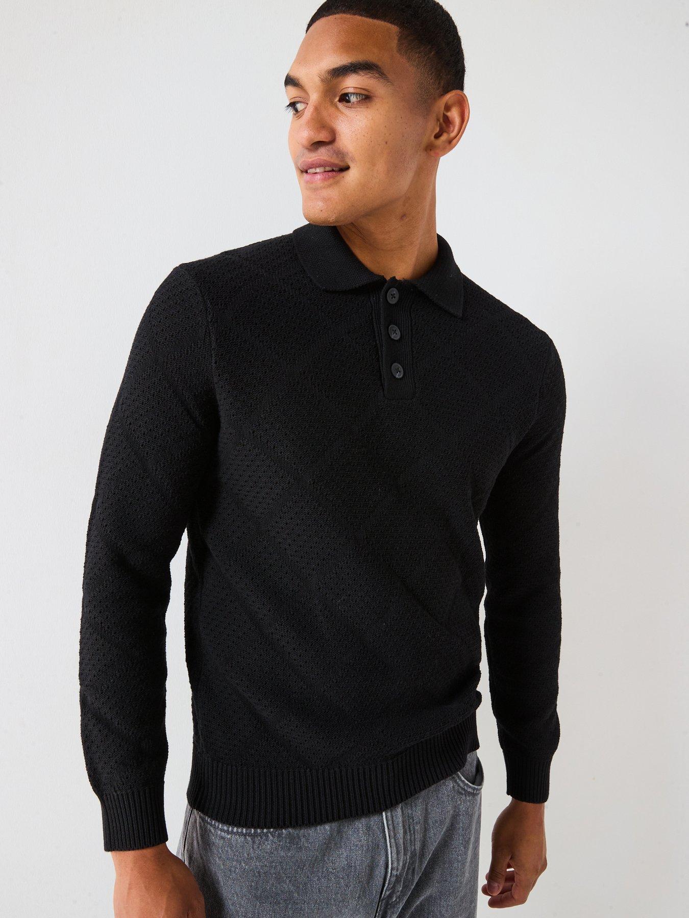 ONLY & SONS Map Long Sleeve Chevron Knitted Polo - Black