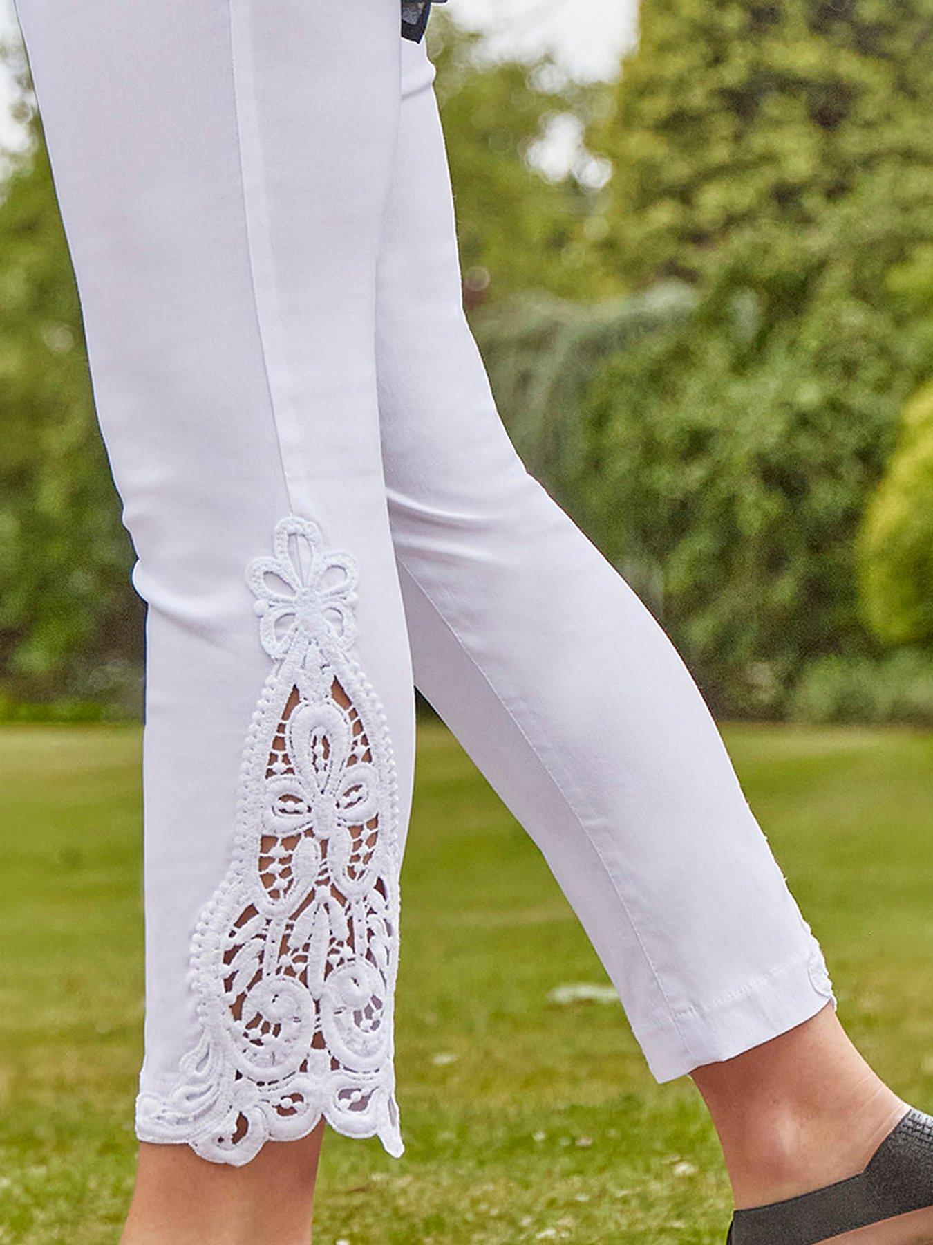 Roman Lace Insert Crop Stretch Trousers - White