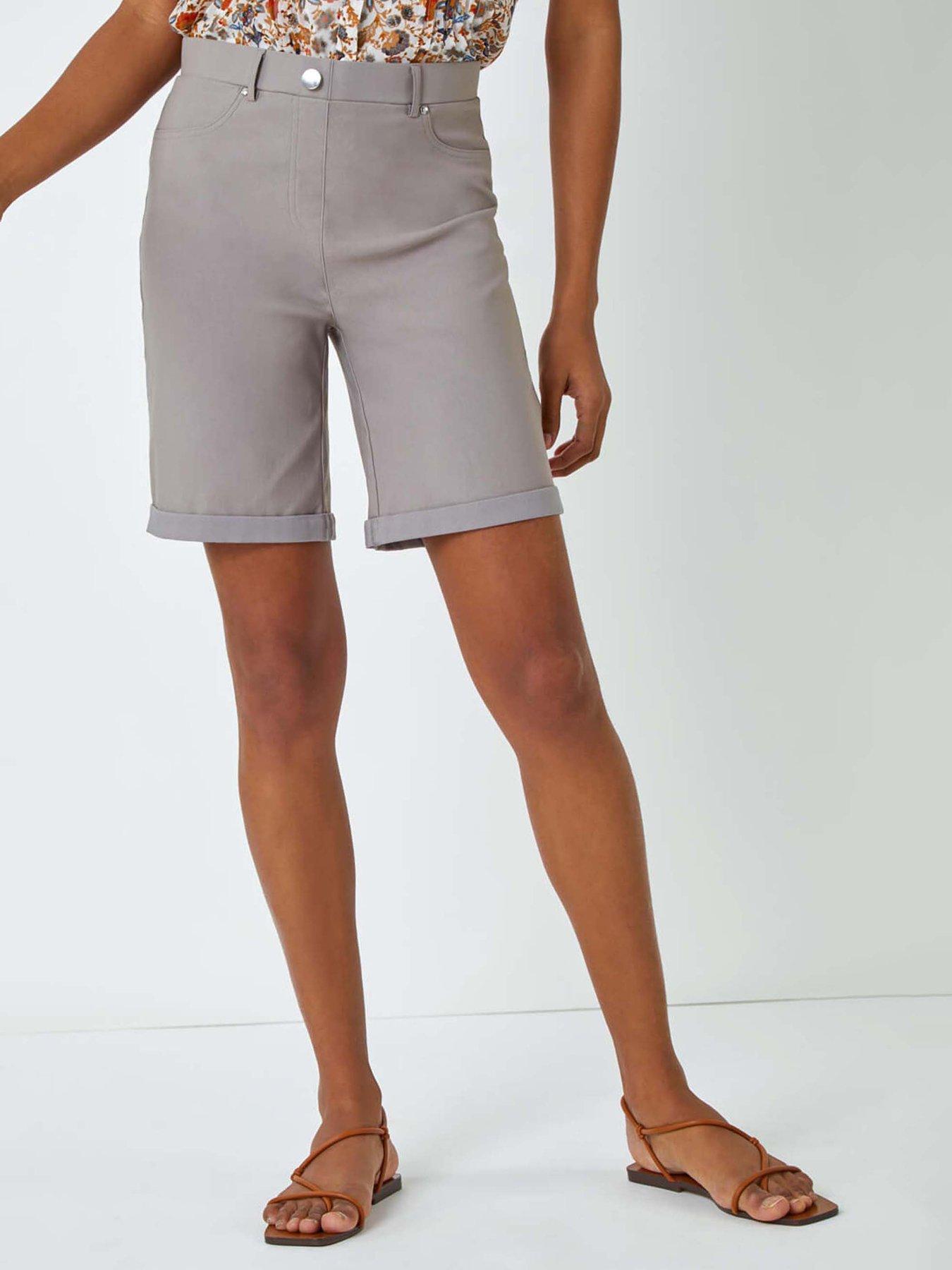 Roman Elastic Waist Turn Up Stretch Shorts - Taupe
