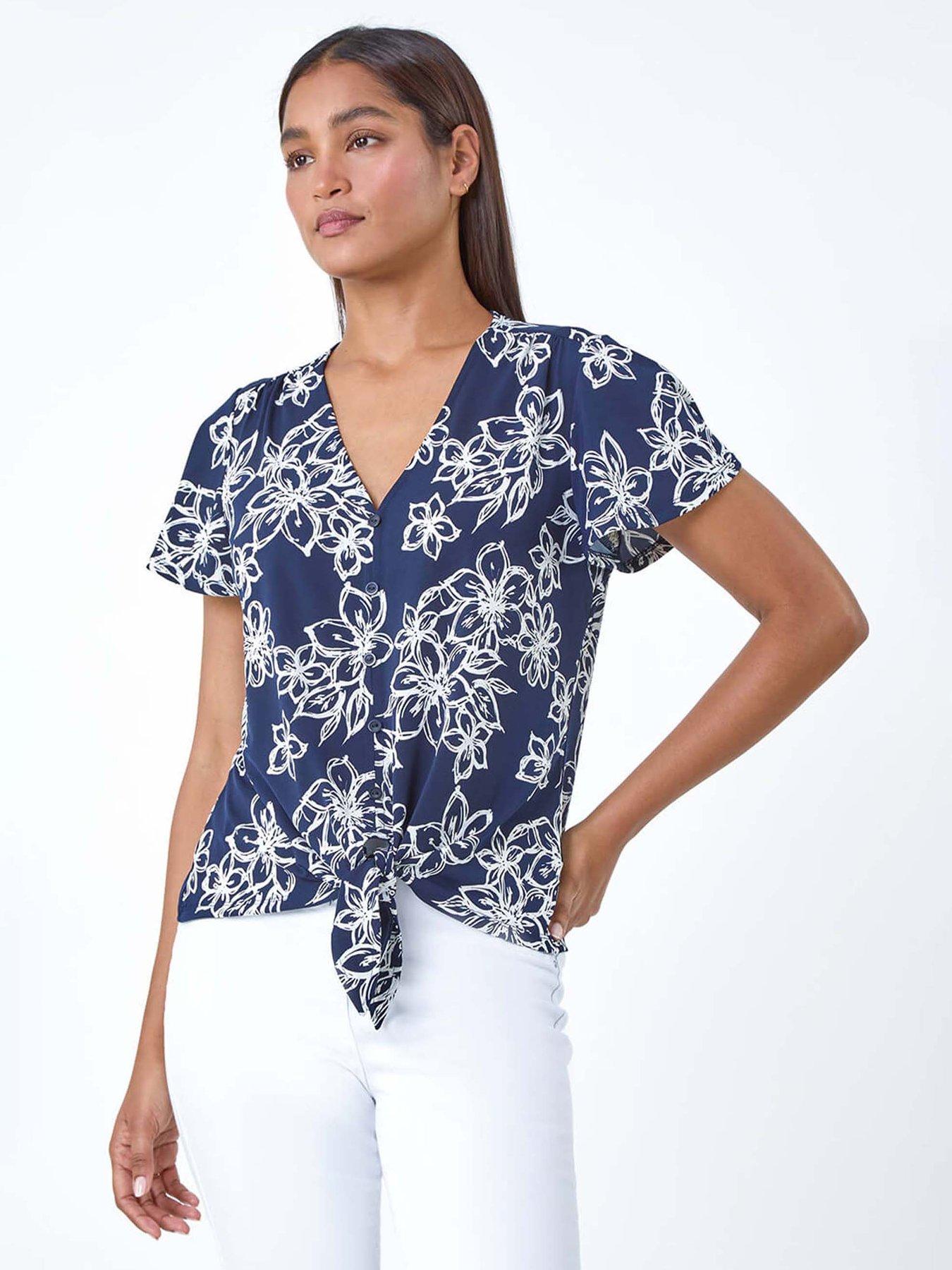 Roman Textured Floral Print Tie Front Top - Navy