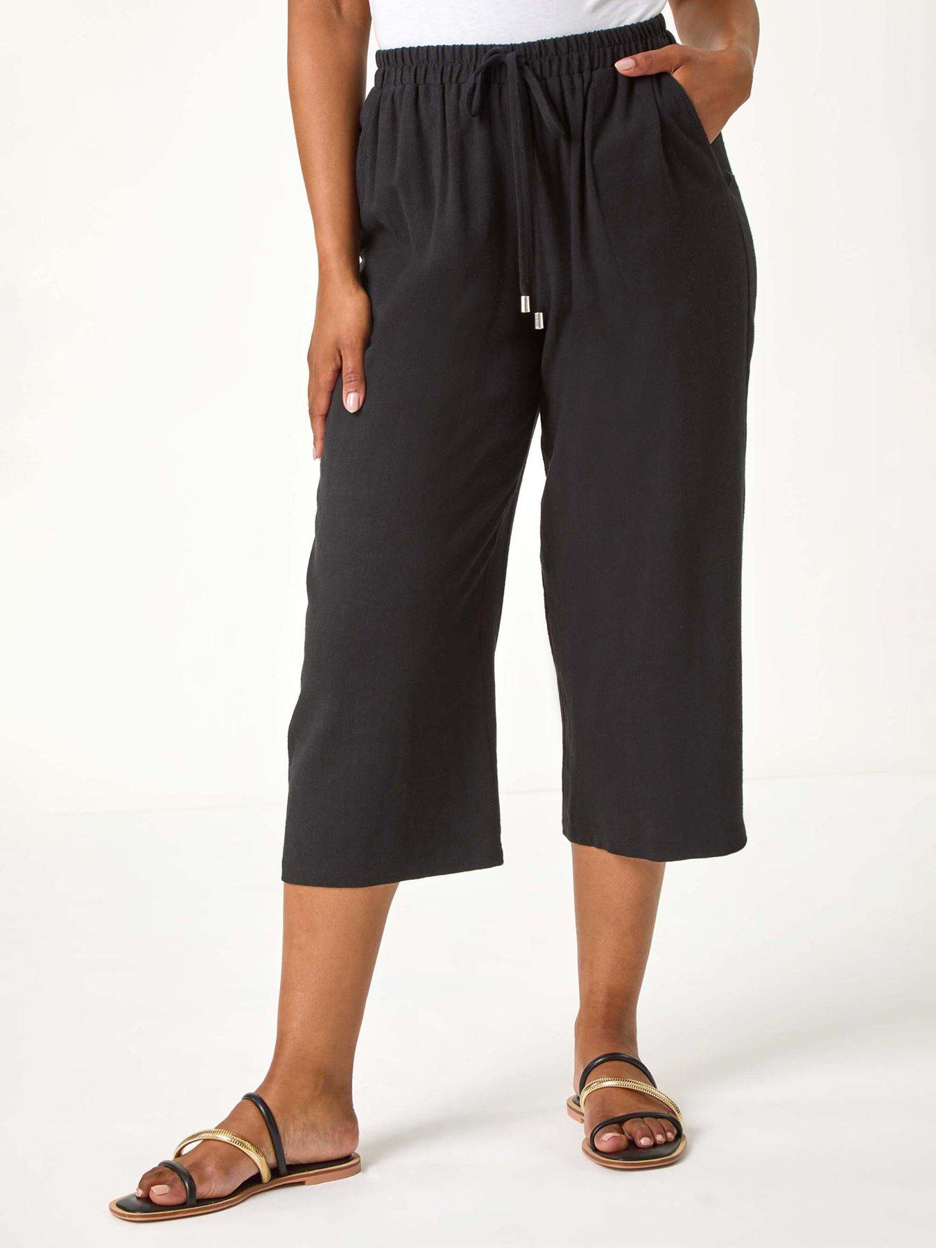 Roman Petite Linen Mix Wide Cropped Trousers - Black