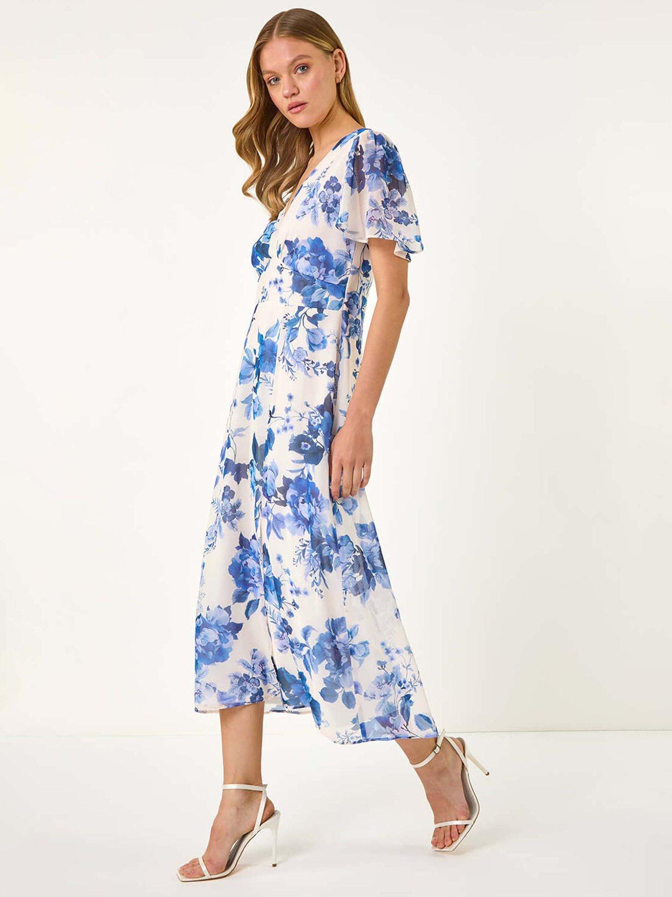 Roman Floral Print V-neck Midi Dress - White