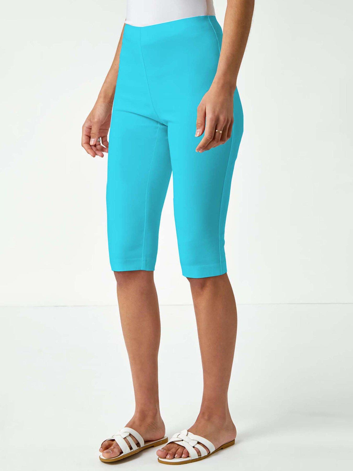 Roman Elastic Waist Knee Length Stretch Shorts - Turquoise