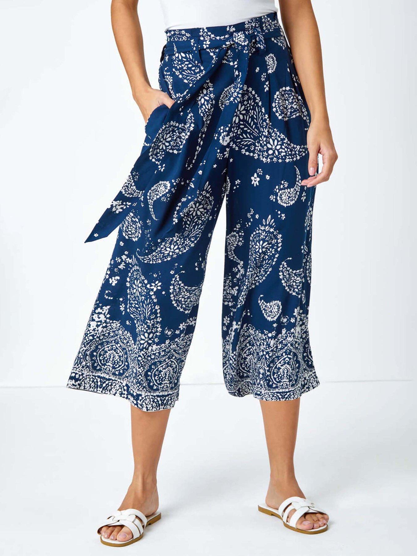 Roman Paisley Print Wide Leg Cropped Trousers - Navy