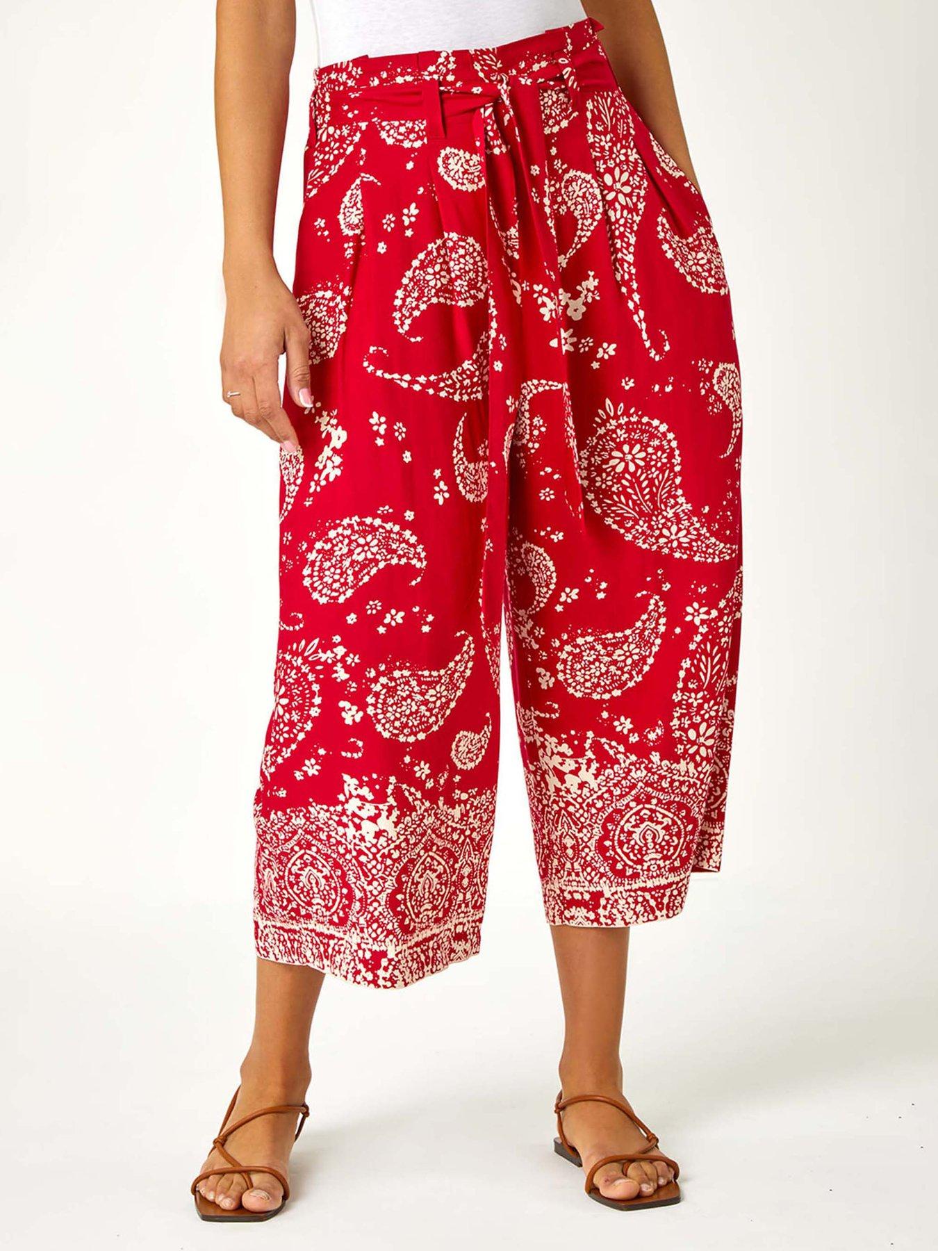 Roman Paisley Print Wide Leg Cropped Trousers - Red