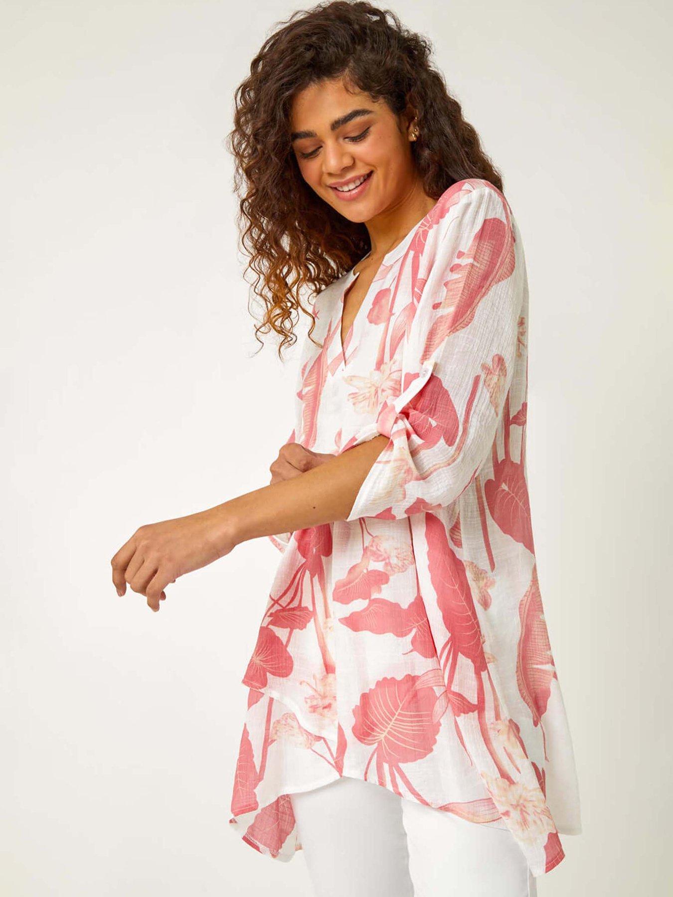 Roman Palm Print V-neck Wrap Hem Tunic Top - Coral